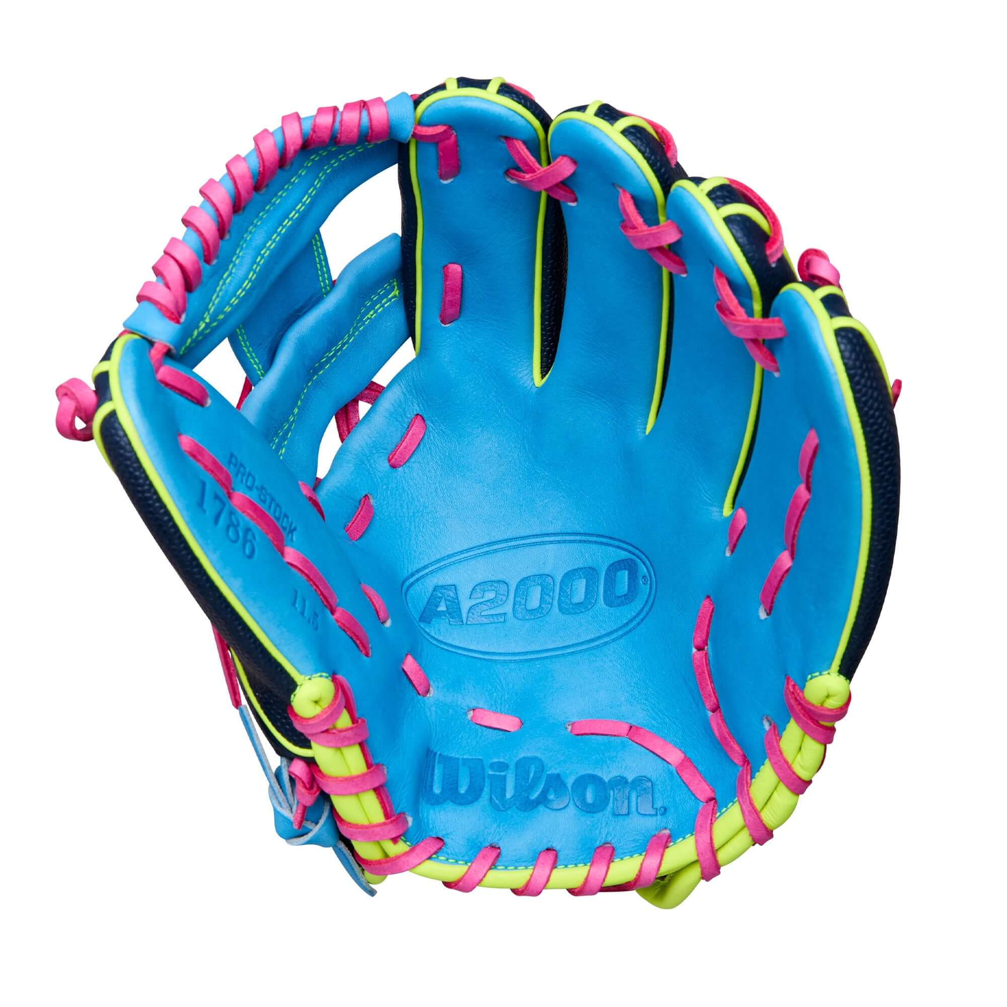 Palm detail of Wilson Winter 2025 A2000 1786SS 11.5” Infield Baseball Glove showing Sky Blue Pro Stock® leather for soft, durable feel.