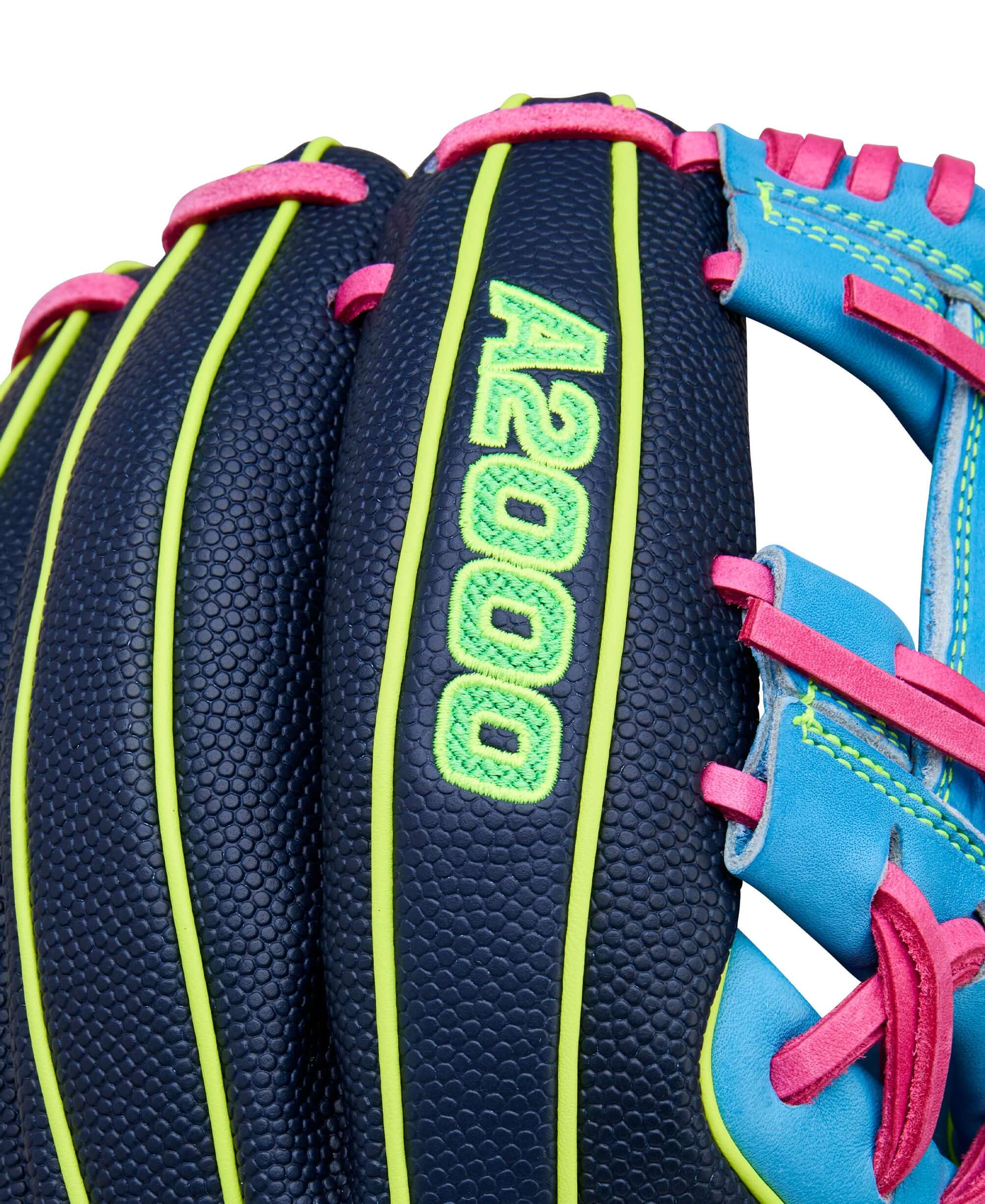 A2000 logo view on Wilson Winter 2025 A2000 1786SS 11.5” Infield Baseball Glove finger panel with Optic Yellow & Pink accents.