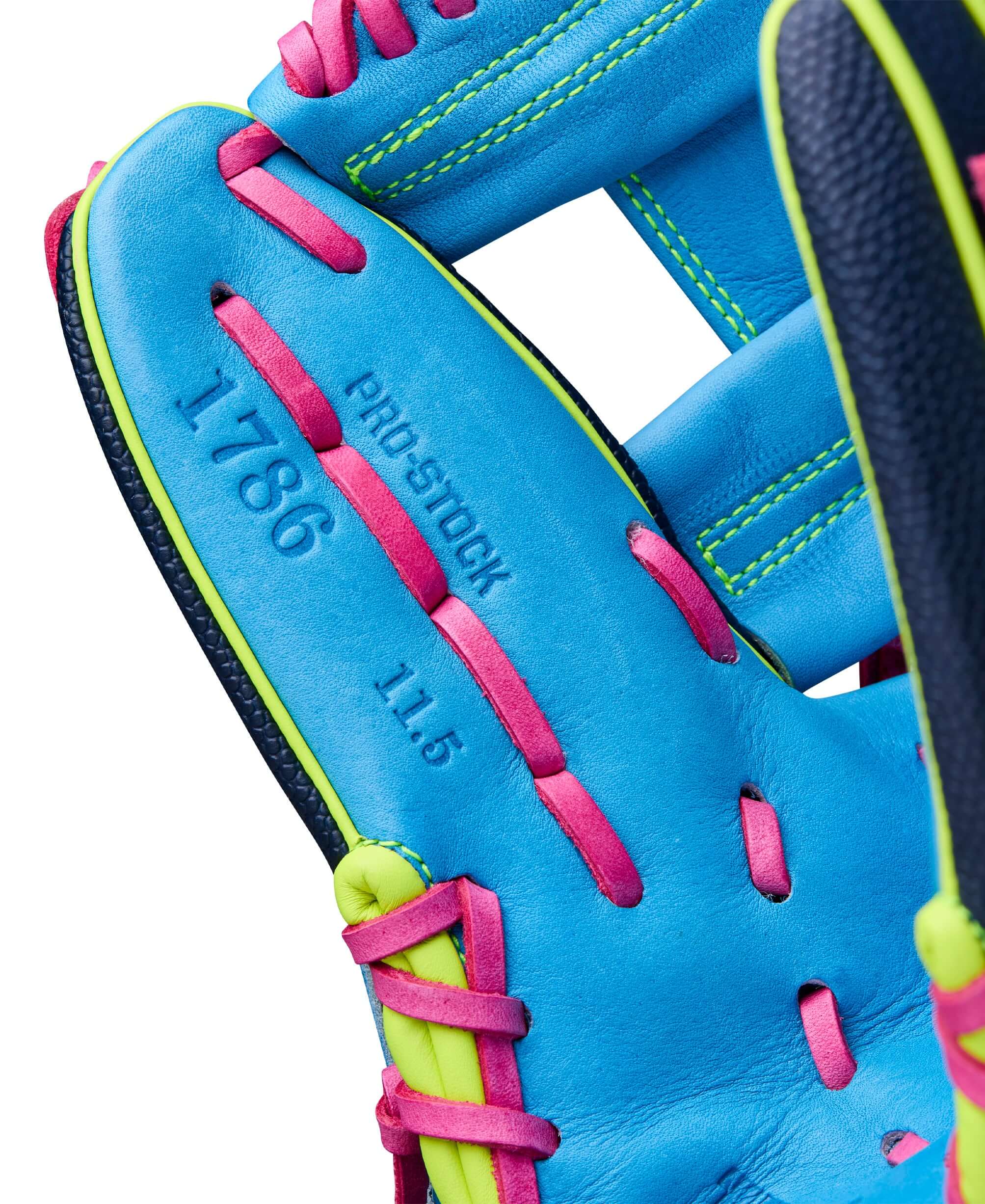 Detailed view of Wilson Winter 2025 A2000 1786SS 11.5” Infield Baseball Glove thumb seam and Pro Stock® leather texture.