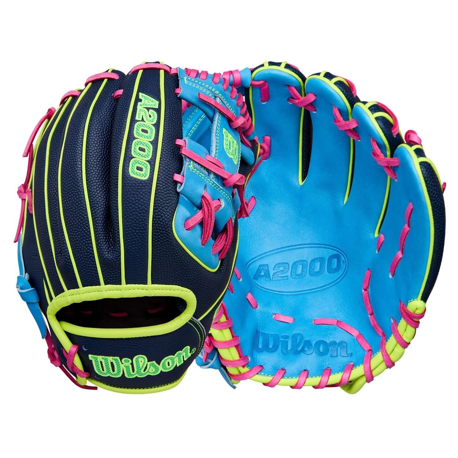Wilson Winter 2025 A2000 1786SS 11.5” Infield Baseball Glove front and back view featuring Navy SuperSkin™ and Sky Blue Pro Stock® leather.