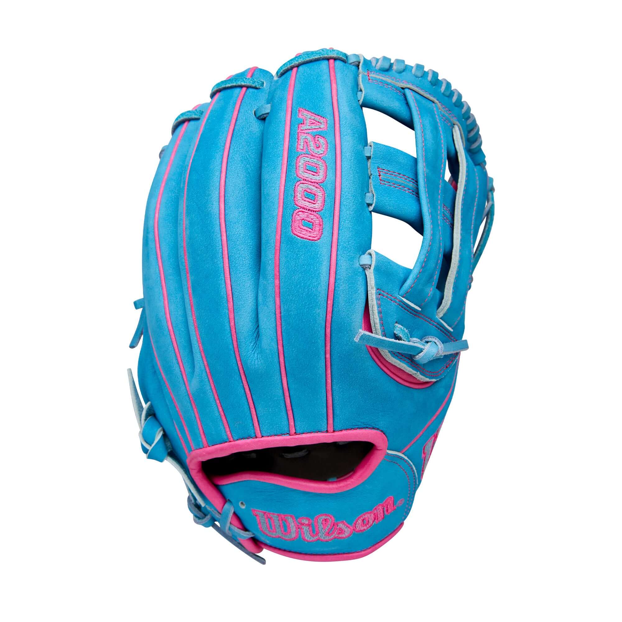 Wilson 2025 Elly De La Cruz A2000 EDLC44 GM glove back view showing Buffed Sky Blue Pro Stock leather.
