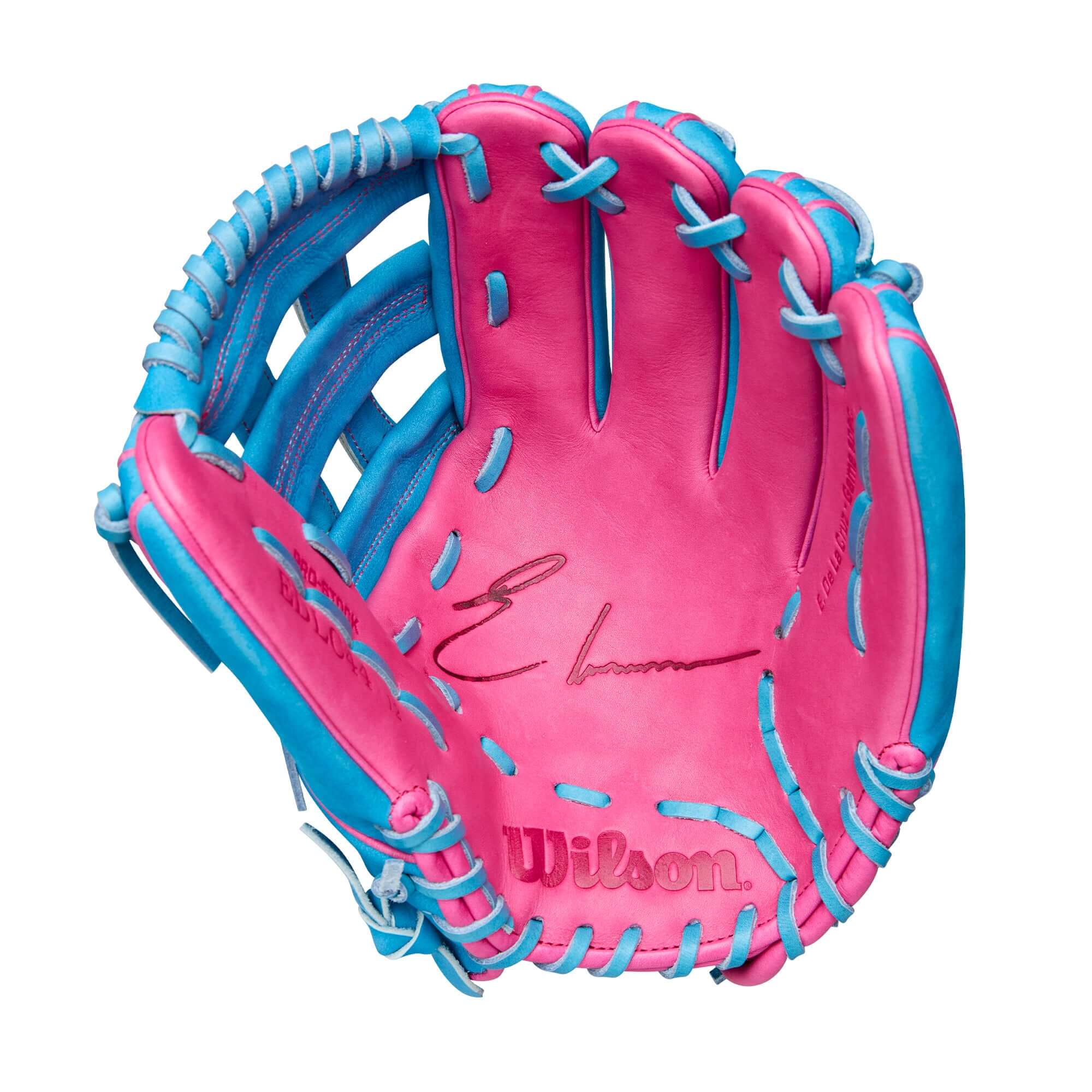 Wilson 2025 Elly De La Cruz A2000 EDLC44 GM glove palm view with Flamingo Pink leather and Elly’s signature stamp.