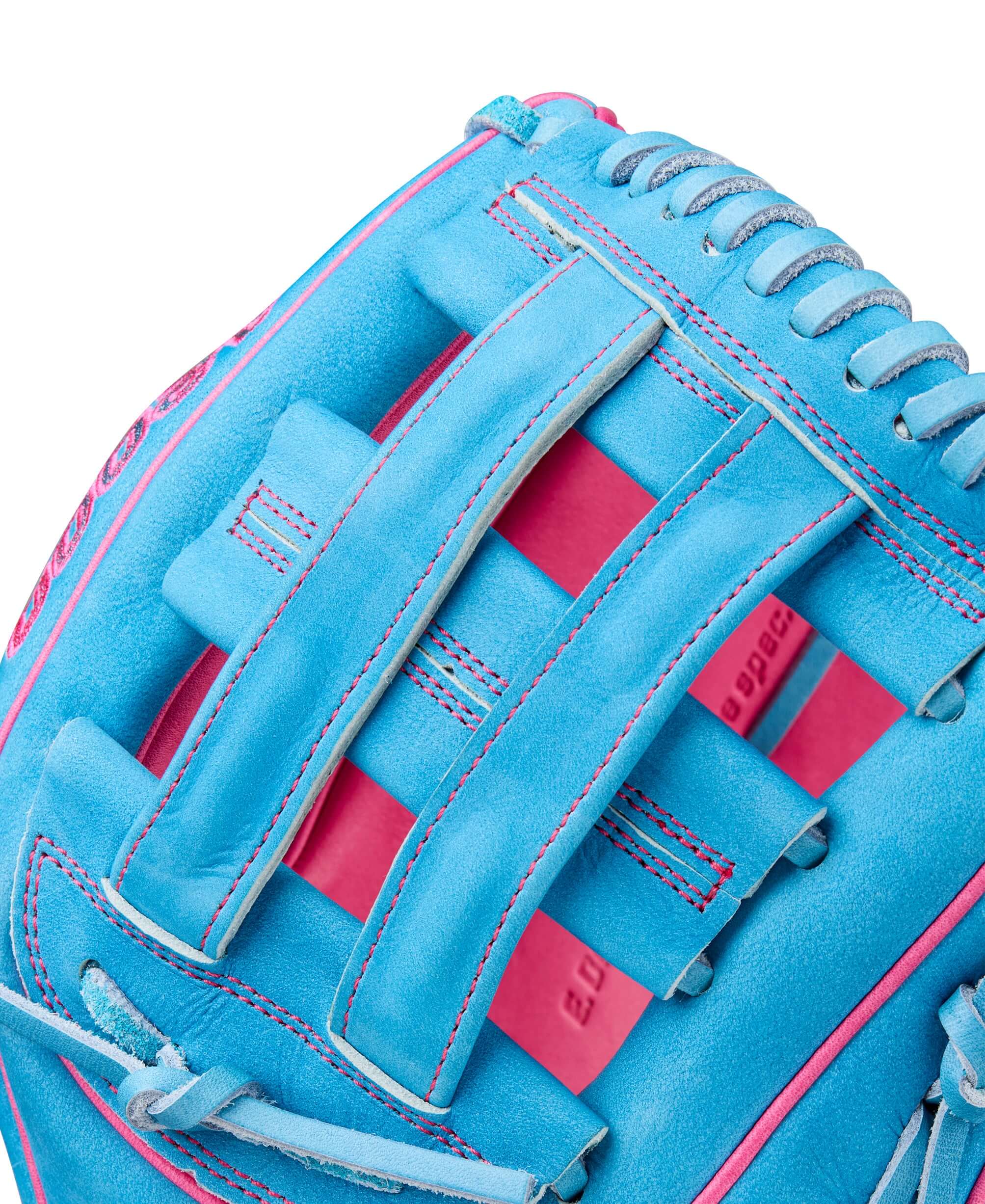 Wilson 2025 Elly De La Cruz A2000 EDLC44 GM glove Dual Post Web close-up with Buffed Sky Blue leather.