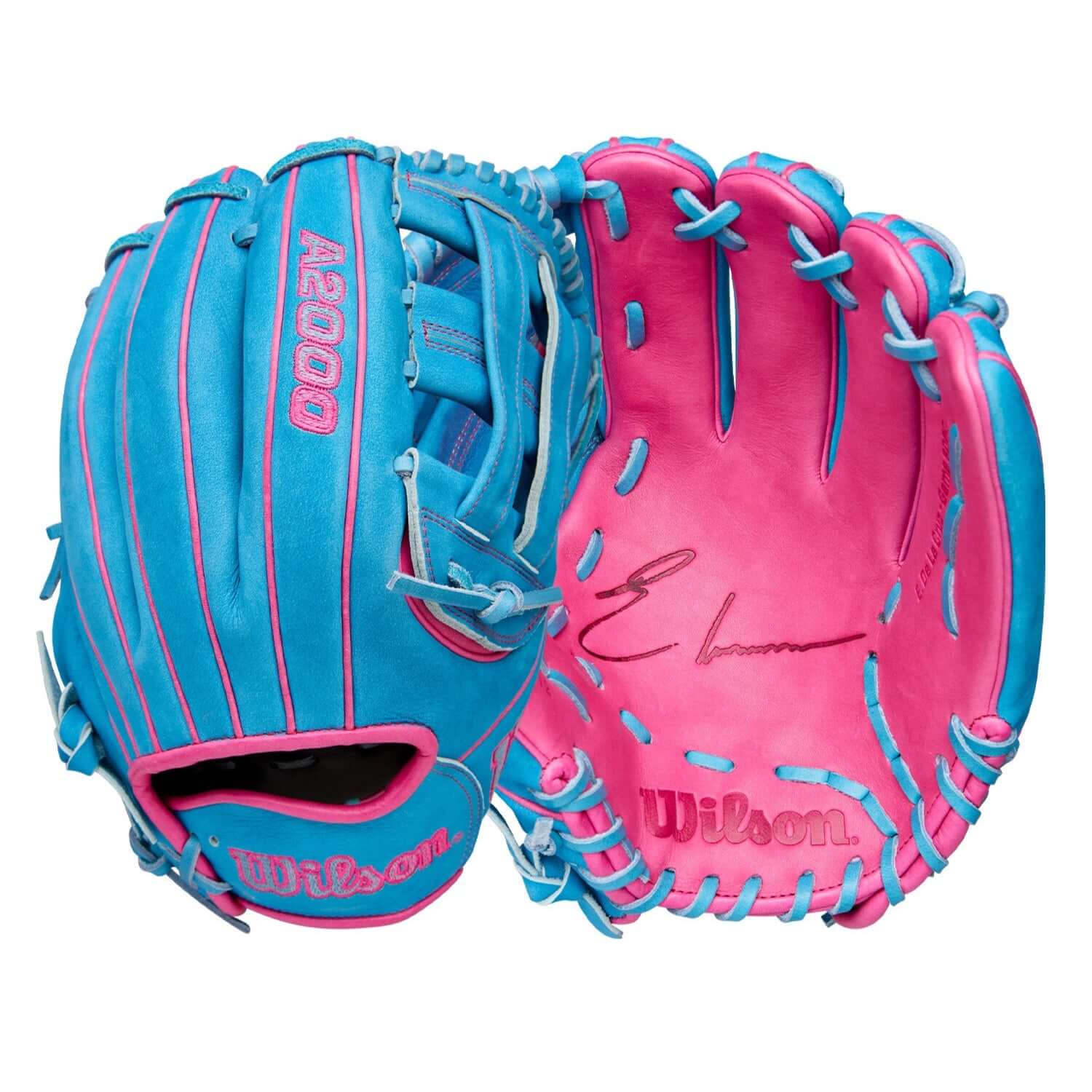 Wilson 2025 Elly De La Cruz A2000 EDLC44 GM 12” glove front and back view with Buffed Sky Blue and Flamingo Pink leather.