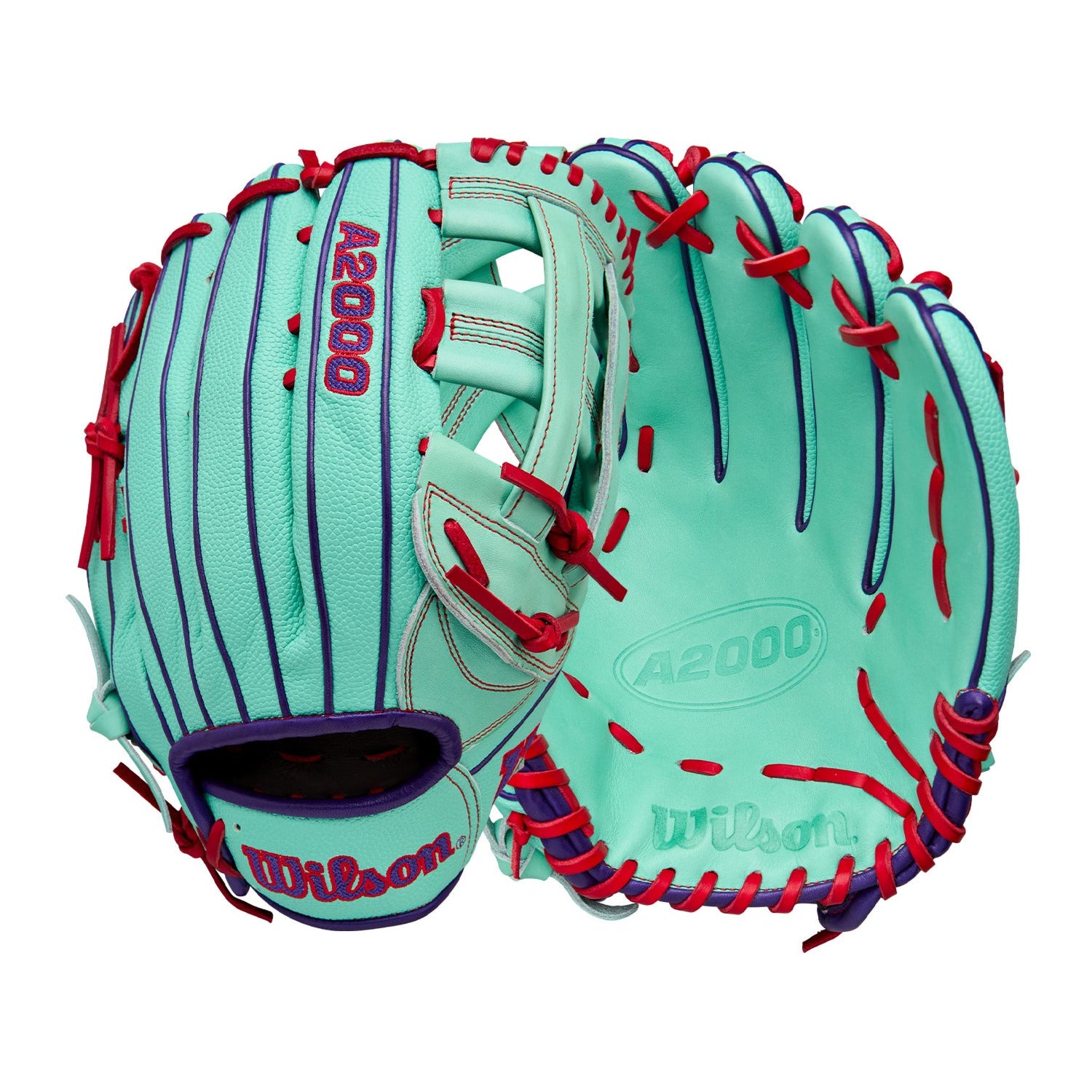 Wilson 2025 A2000 1750SS 12.5” Outfield Glove LHT front and back views in Seafoam/Purple/Red.