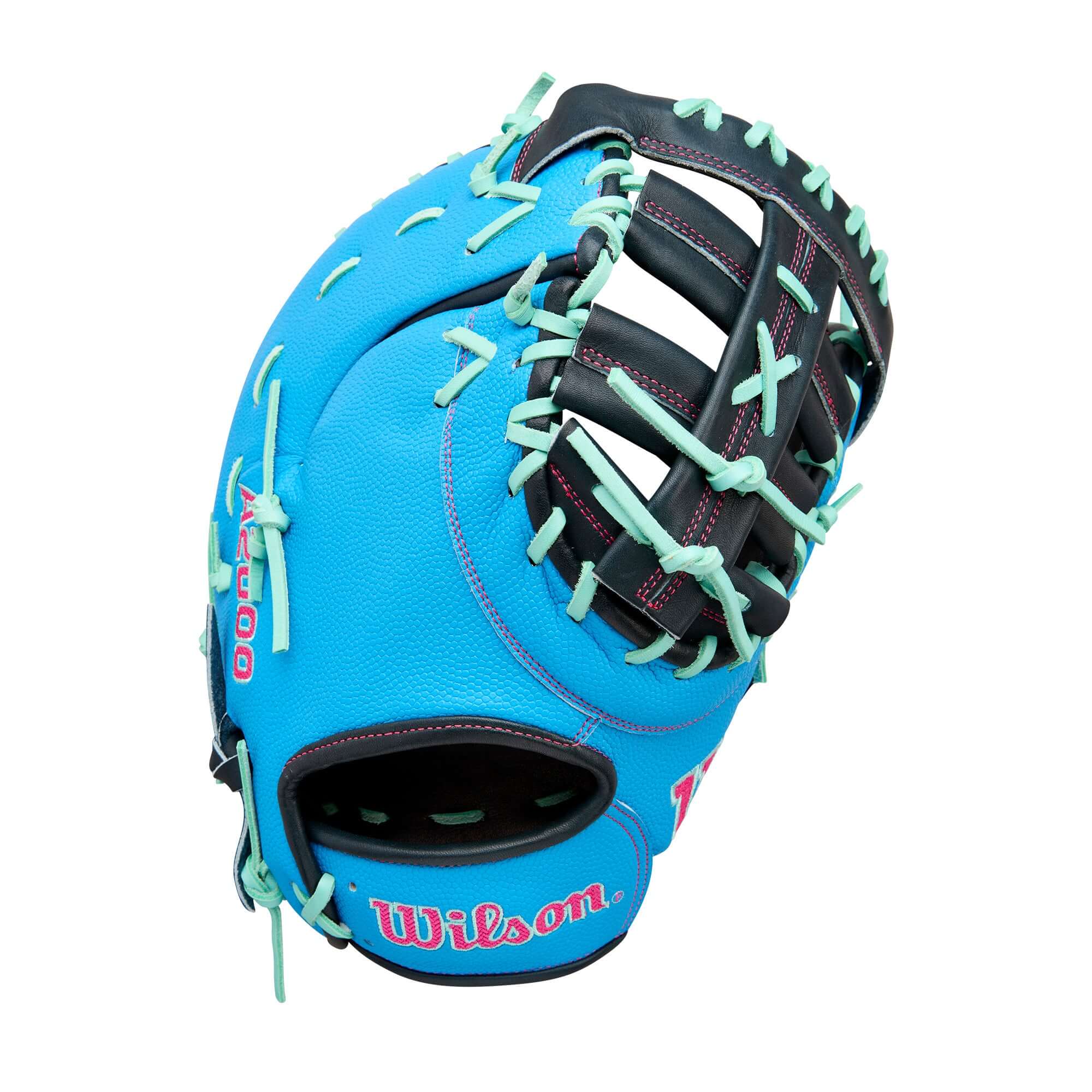 Wilson 2025 A2000 1677SS 12.5" First Base Mitt back view showing Sky Blue SuperSkin and bold logos.