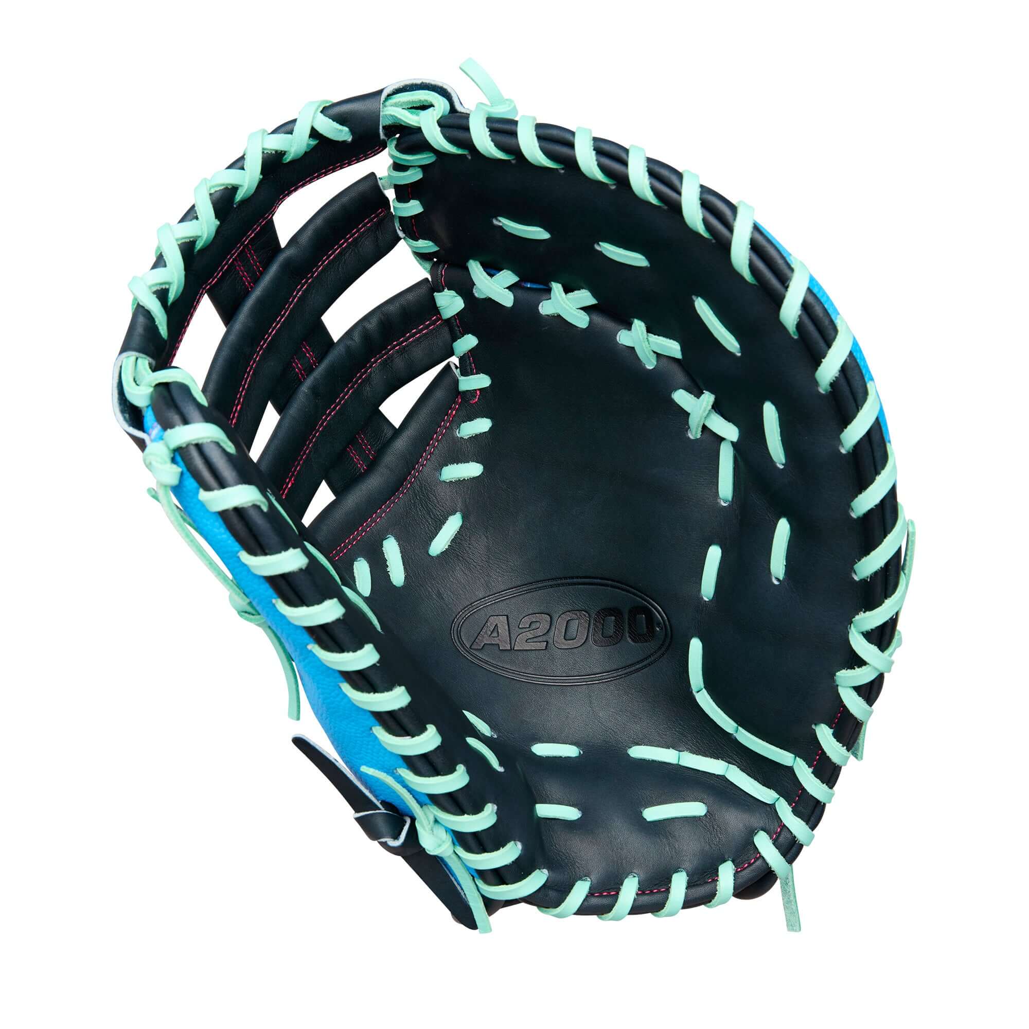 Wilson 2025 A2000 1677SS 12.5" First Base Mitt palm view with deep pocket and Pro Stock leather.