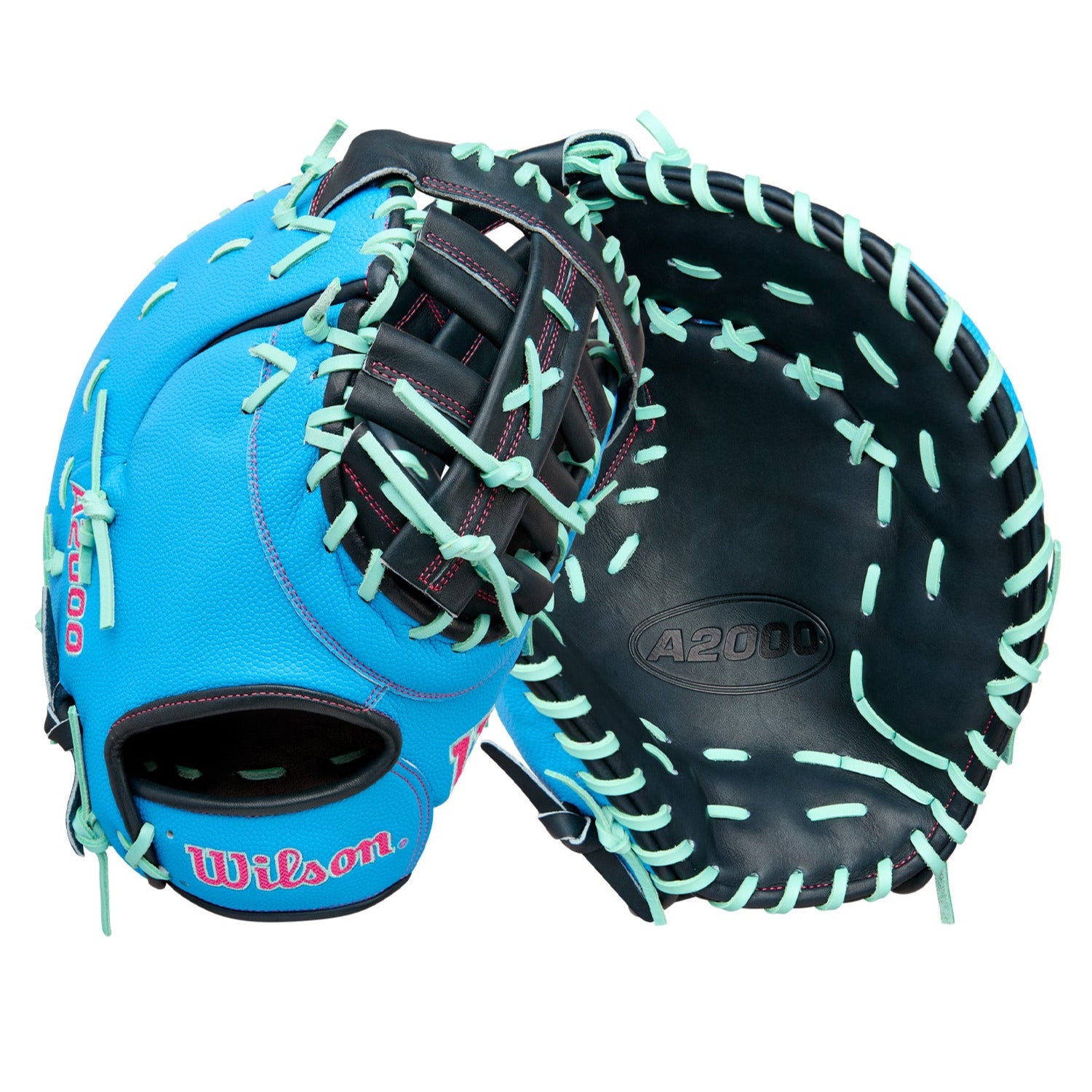 Wilson 2025 A2000 1677SS 12.5" First Base Mitt front and back view in Sky Blue and Navy leather.