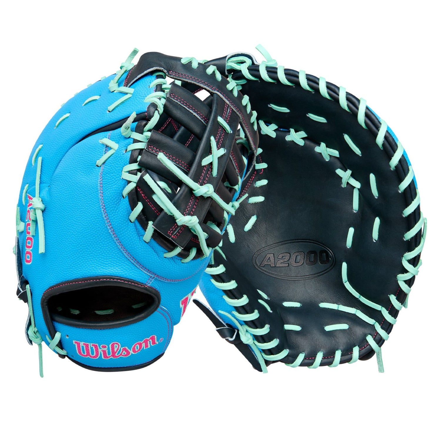 Wilson 2025 A2000 1677SS 12.5” First Base Mitt LHT front and back view in Navy leather with Sky Blue SuperSkin.