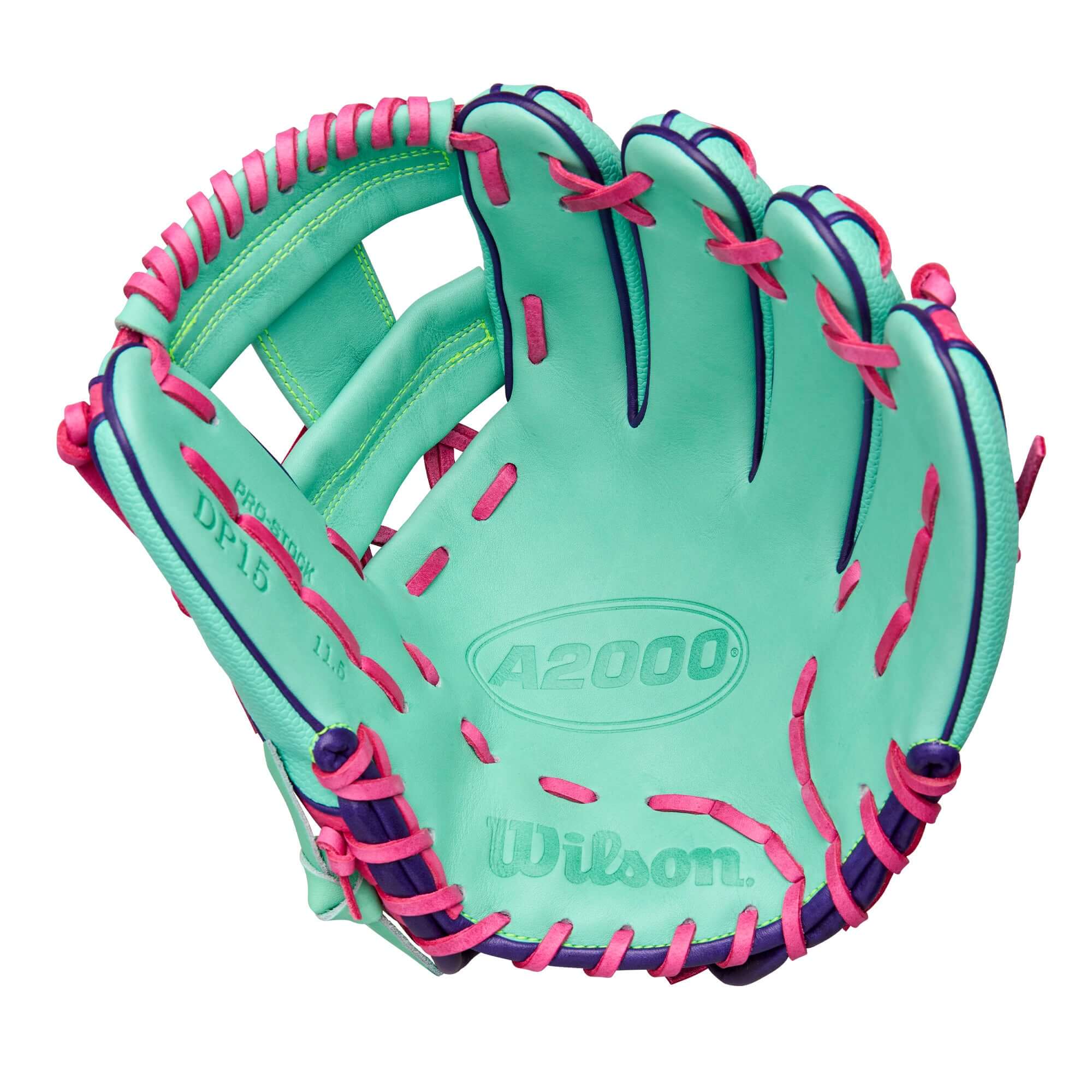 Wilson 2025 A2000 DP15SS 11.5” Infield Glove palm view with Seafoam Pro Stock leather.