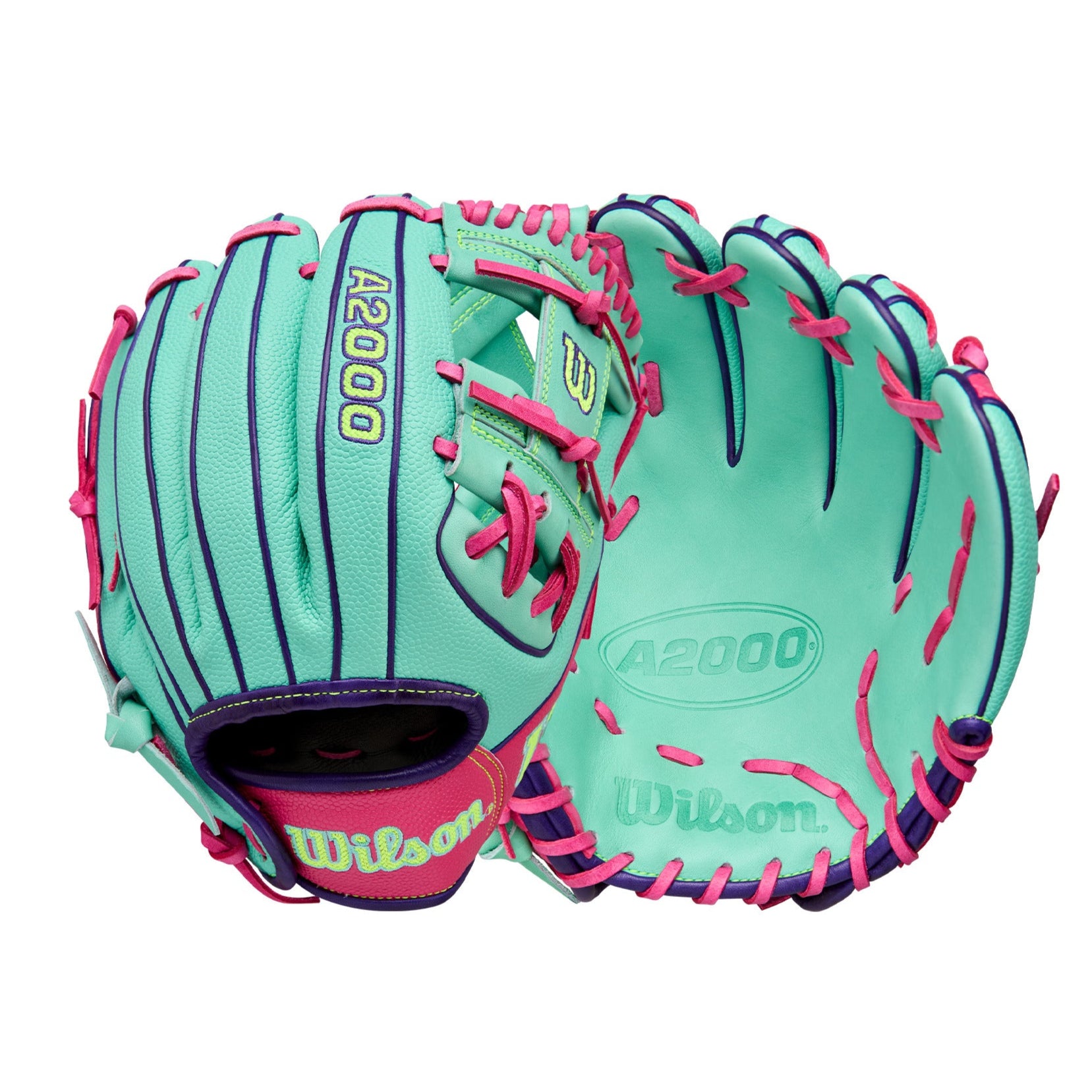 Wilson 2025 A2000 DP15SS 11.5” Infield Glove front and back view with Seafoam leather and Flamingo Pink SuperSkin.