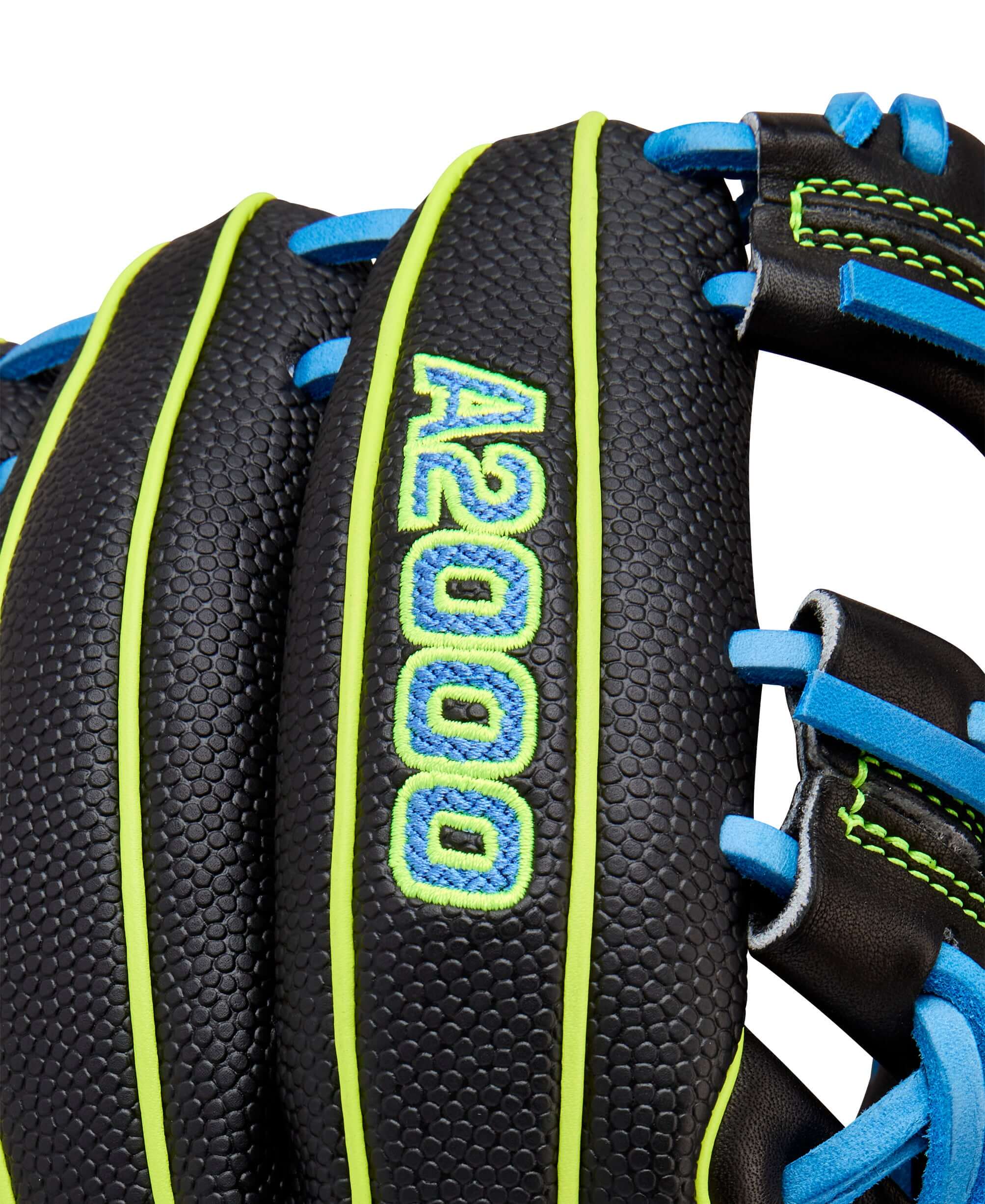 Wilson 2025 A2000 PF88SS 11.25” Infield Glove close-up A2000 logo with bold Neon Green accents.