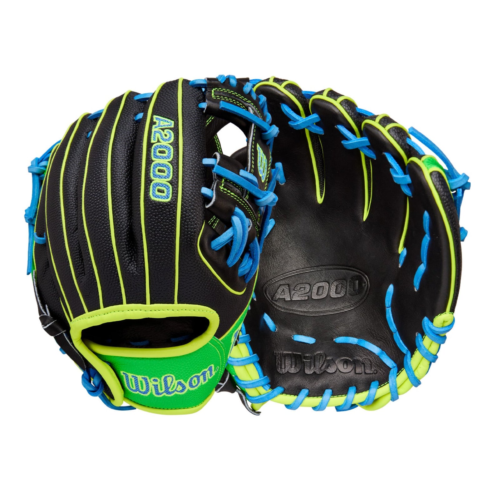 Wilson 2025 A2000 PF88SS 11.25” Infield Glove front and back view with Black leather and Neon Green SuperSkin.