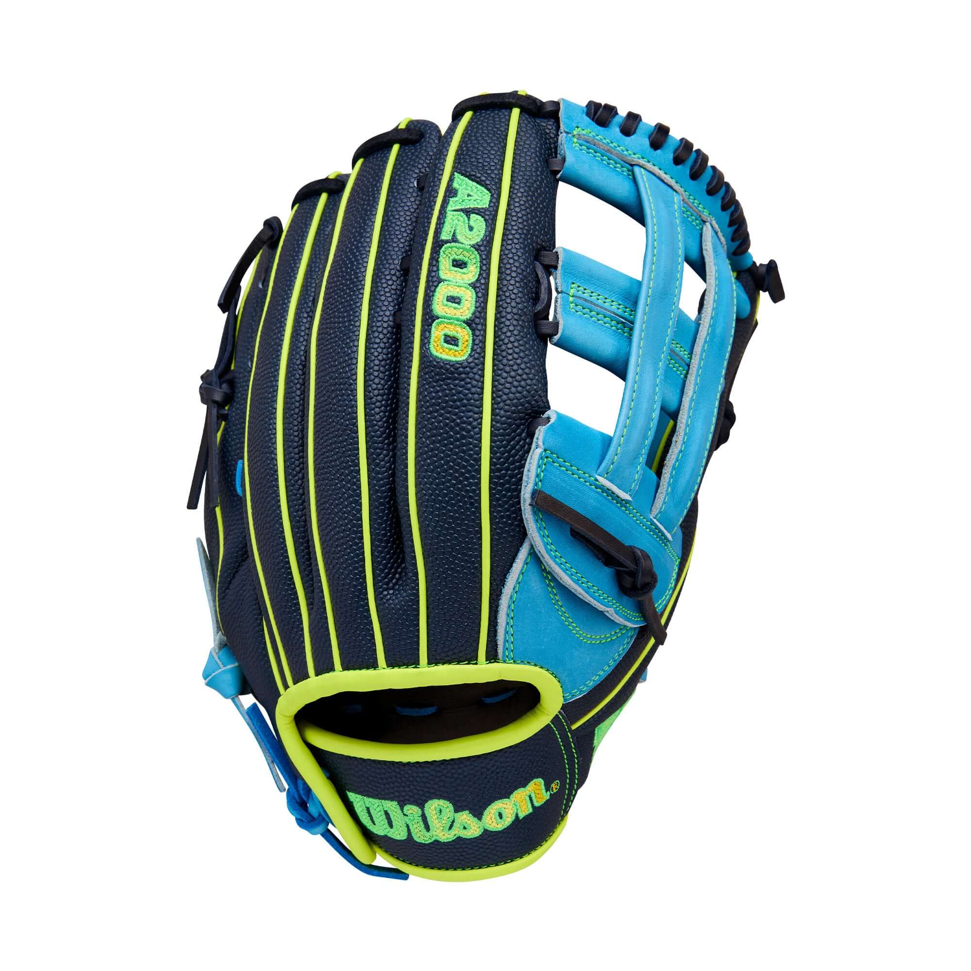 Wilson 2025 A2000 PF50SS 12.25” Outfield Glove back view featuring Navy Blue SuperSkin and bold Wilson logos.