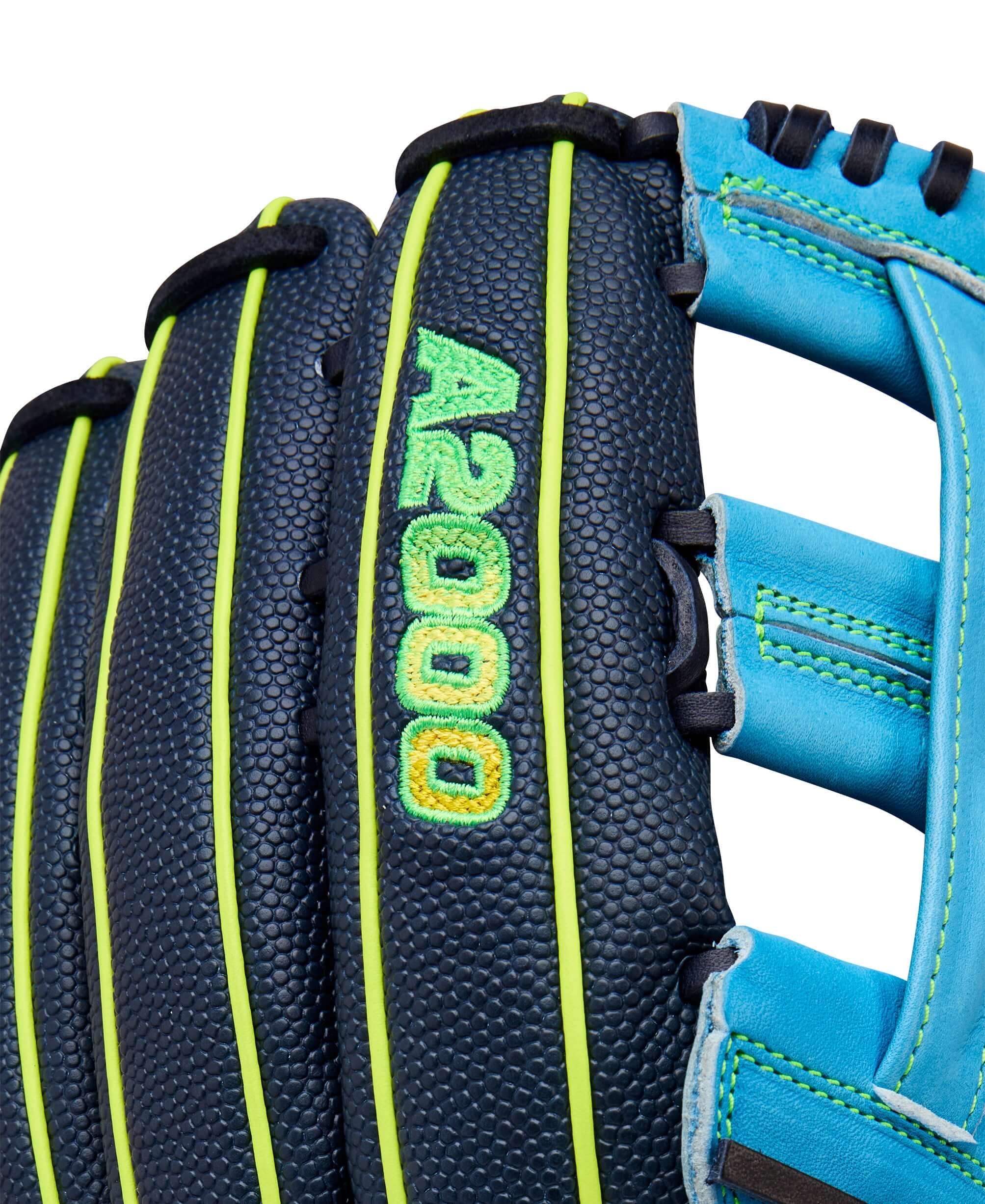 Wilson 2025 A2000 PF50SS 12.25” Outfield Glove close-up A2000 logo with Optic Yellow accents.