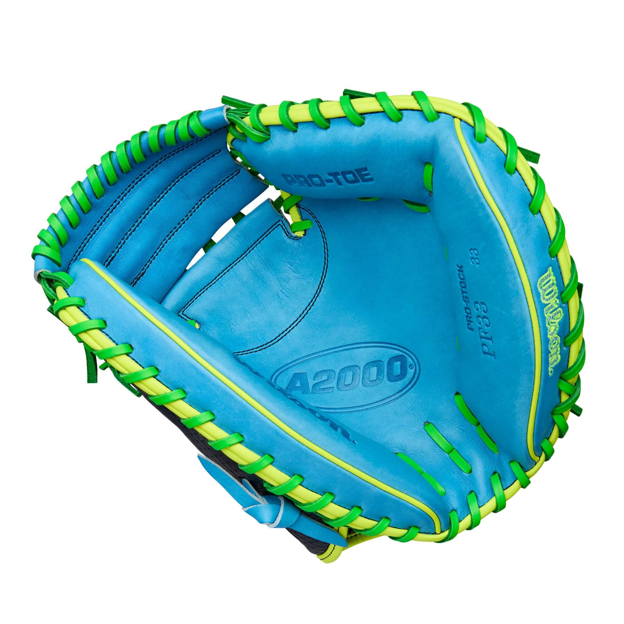 Wilson 2025 A2000 PF33SS 33” Catcher’s Mitt palm view with Sky Blue Pro Stock leather and Half Moon Web pocket.