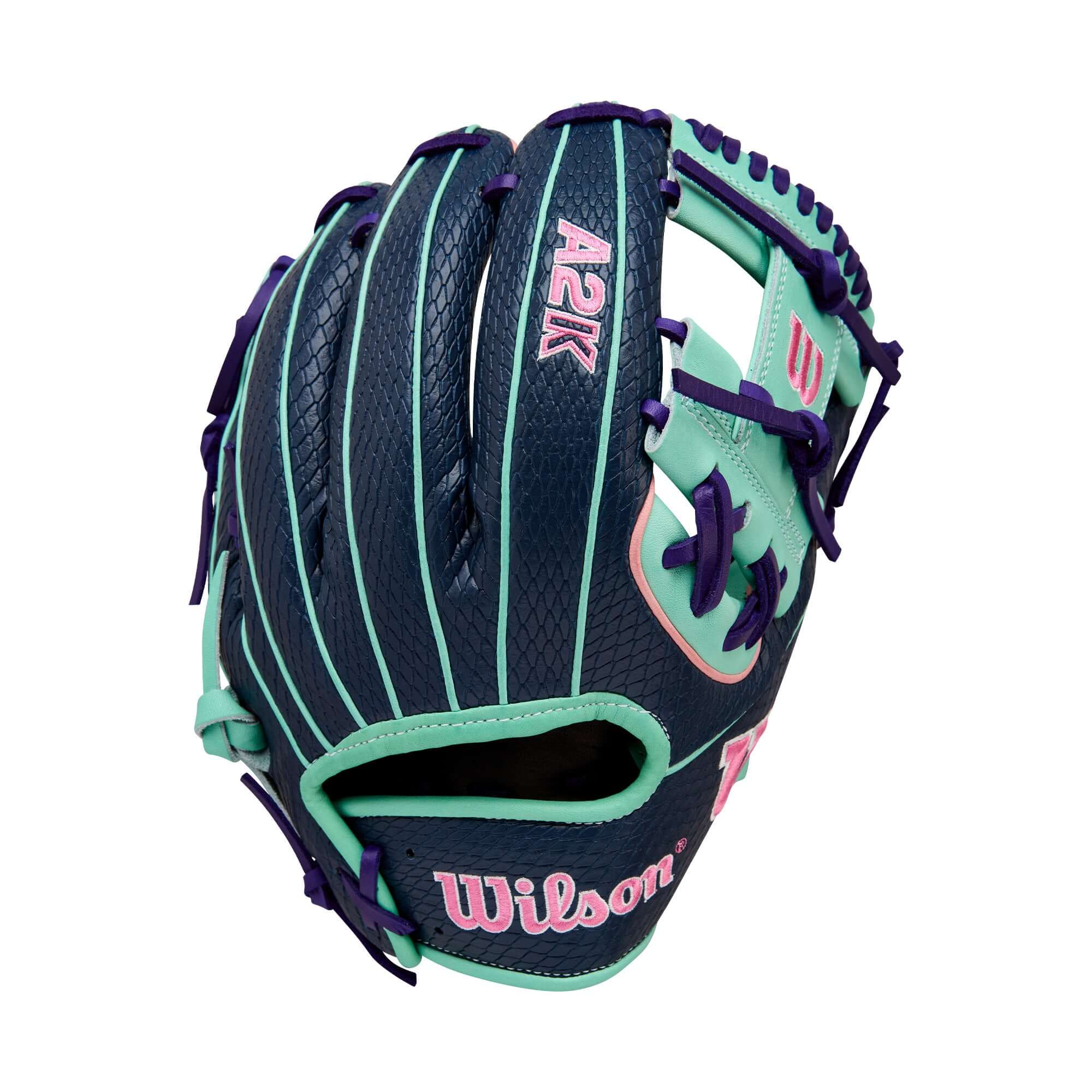 Wilson 2025 A2K 1786SS 11.5” Infield Glove back view highlighting Navy SuperSnakeSkin and Purple laces.