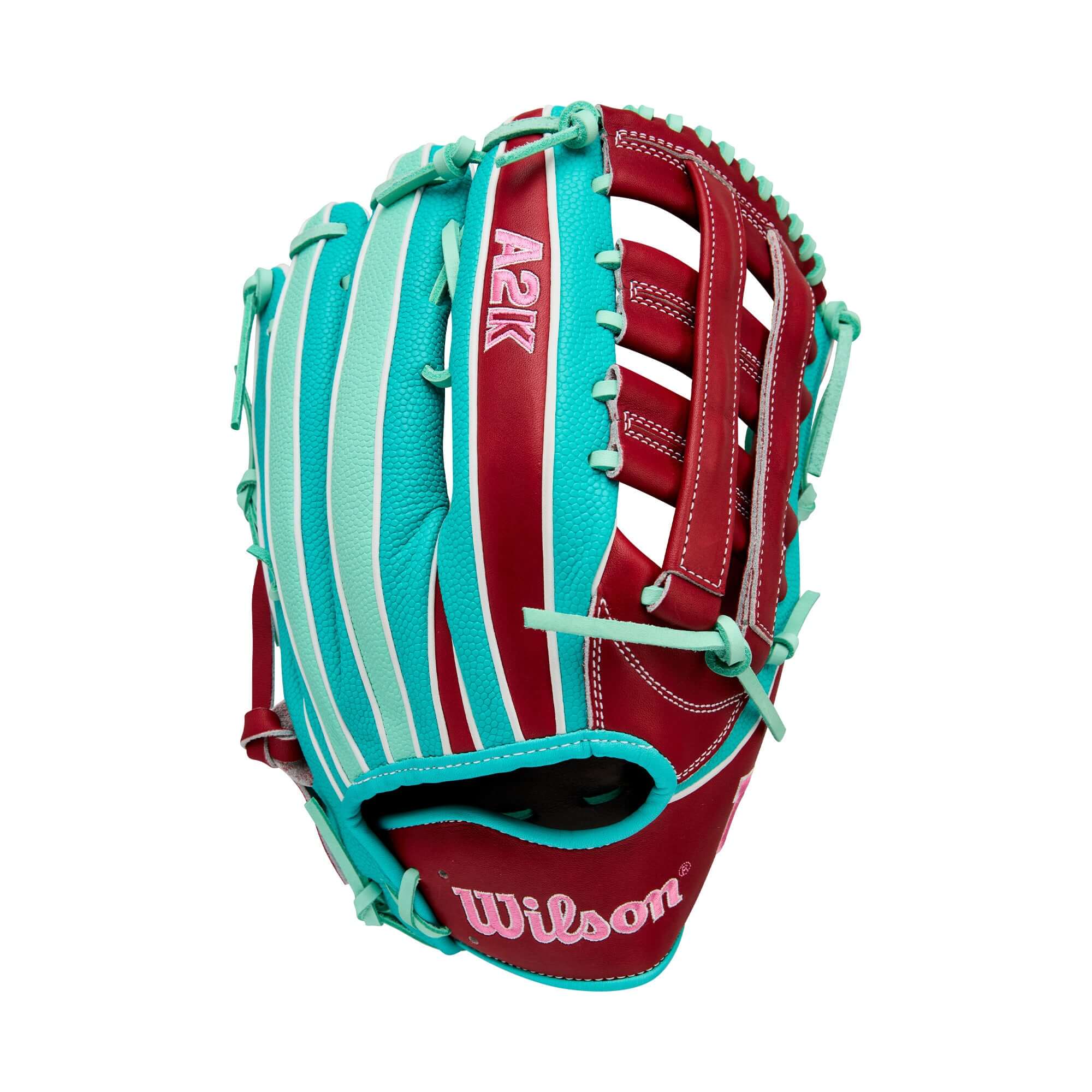 Wilson A2K MY7SS 12.5” Outfield Glove back with Seafoam and Teal SuperSnakeSkin™ finger panels.
