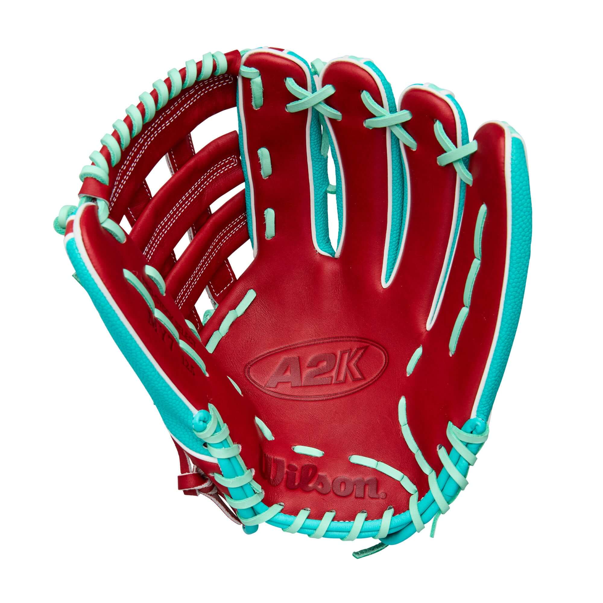 Wilson A2K MY7SS 12.5” Outfield Glove palm with Brick Red Pro Stock® Select leather and gap welting.