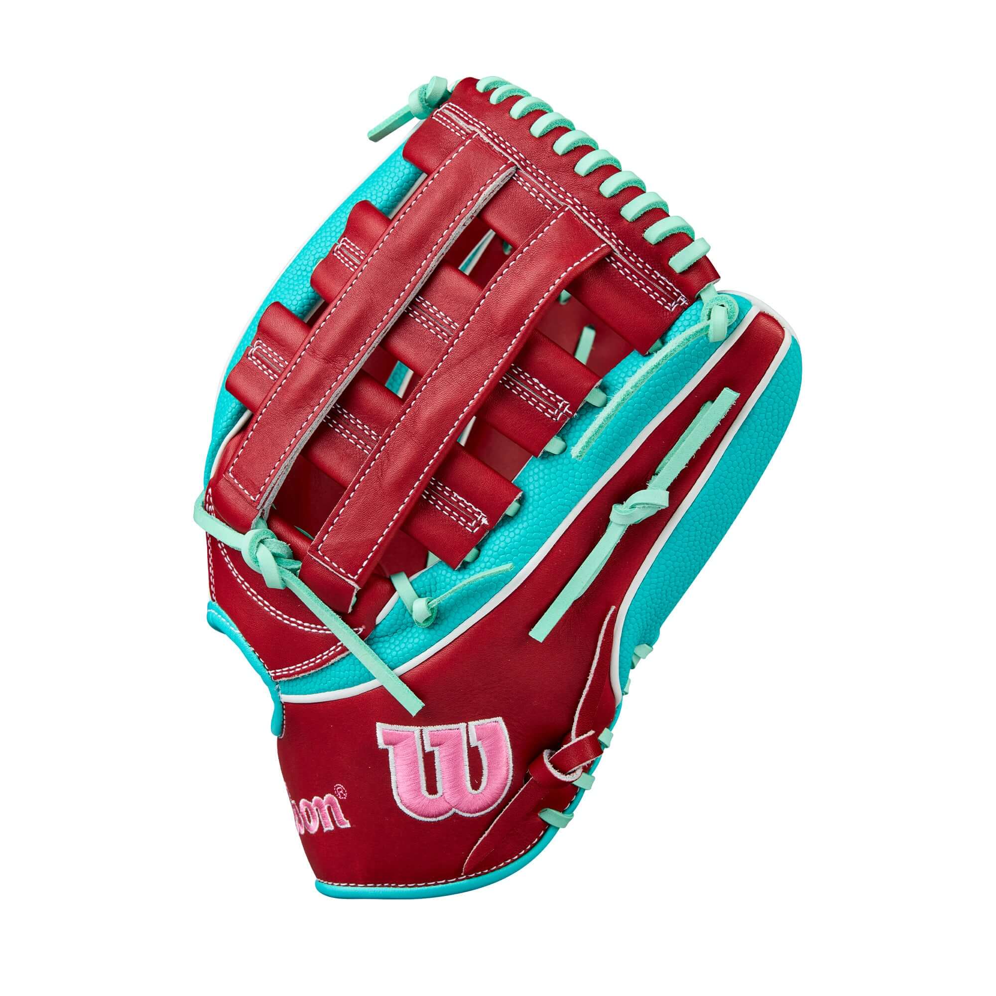 Wilson A2K MY7SS 12.5” Outfield Glove thumb detail with reinforced binding.