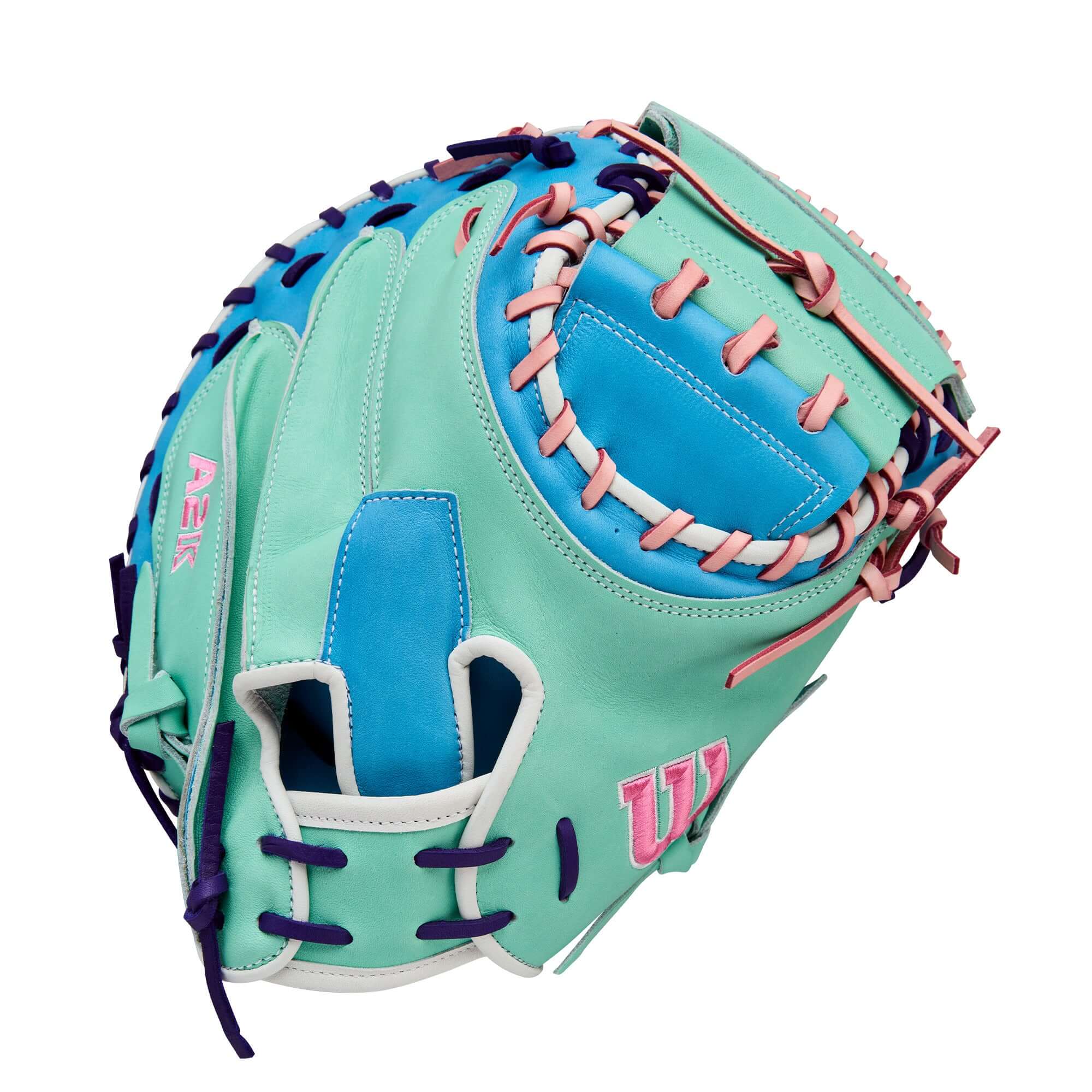 Wilson 2025 A2K 1734 34” Catcher’s Mitt back view with Seafoam leather and bold logos.