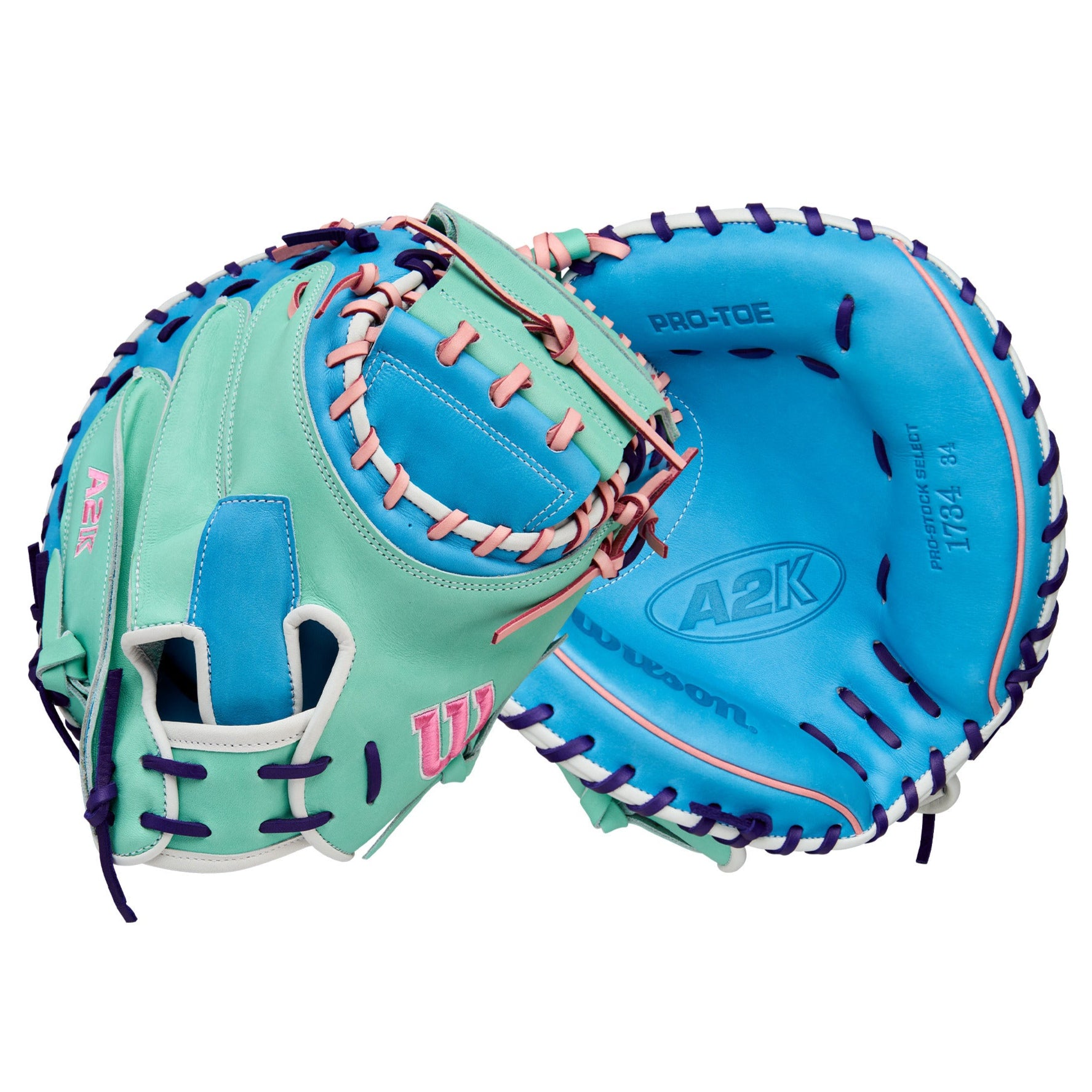 Wilson 2025 A2K 1734 34” Catcher’s Mitt front and back view in Seafoam and Sky Blue leather.