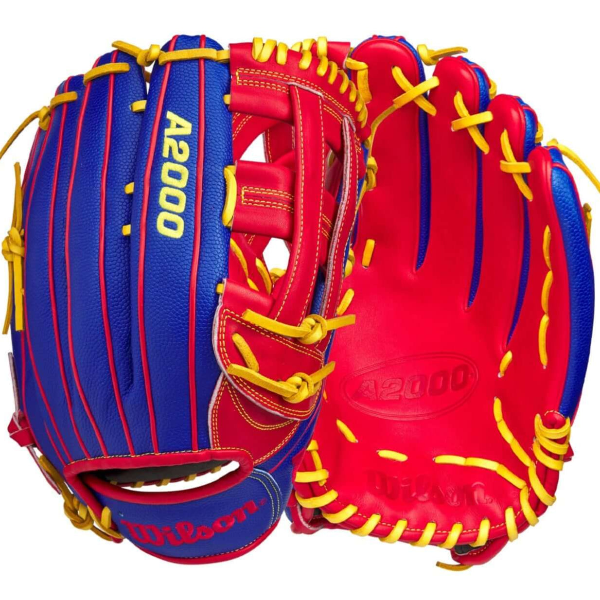 January 2025 Wilson GOTM Pete Crow-Armstrong A2000 1799SS, featuring front palm and bold backhand in Red & Royal Blue.