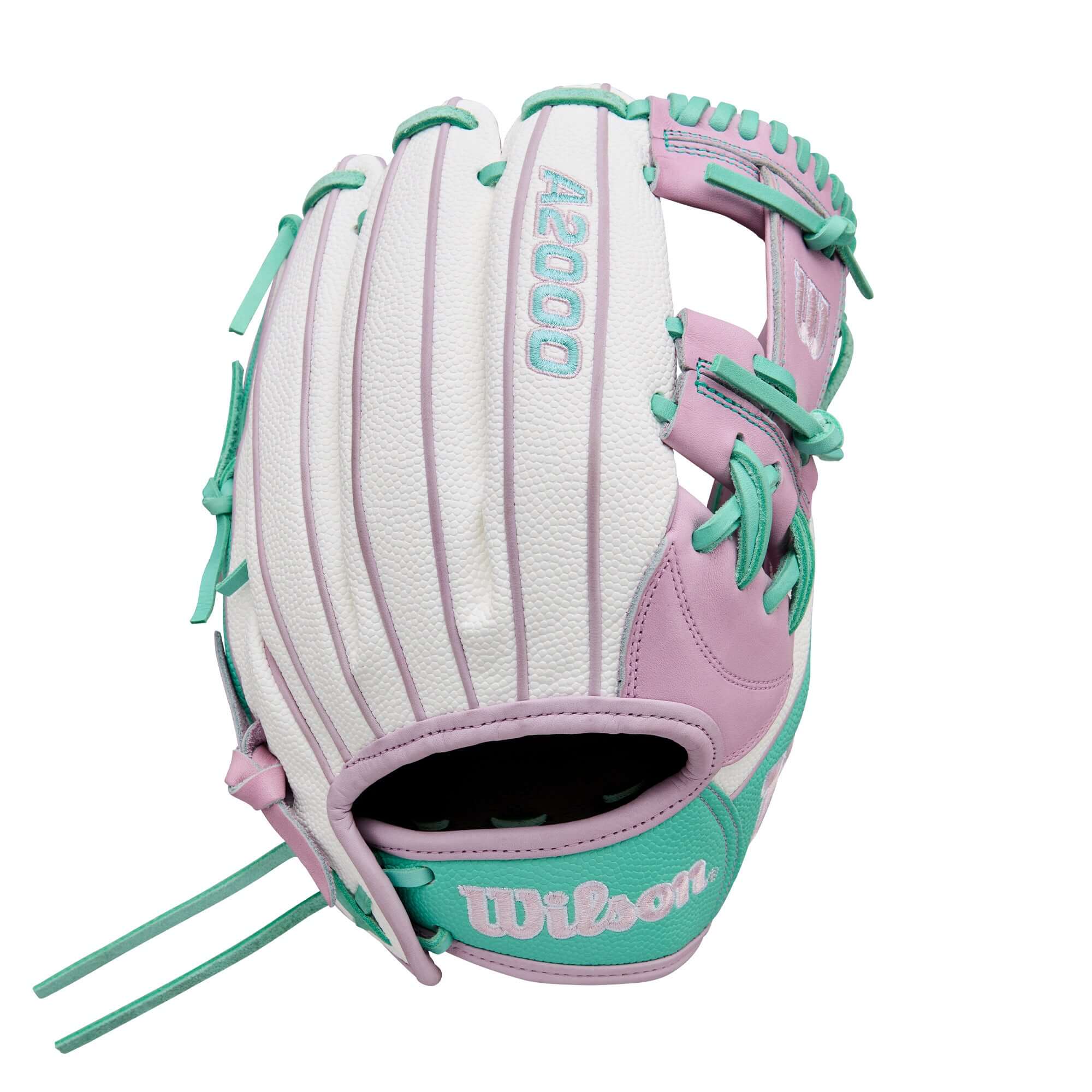 Wilson 2025 A2000 FP1175SS 11.75” Fastpitch Glove back view showing White & Seafoam SuperSkin.