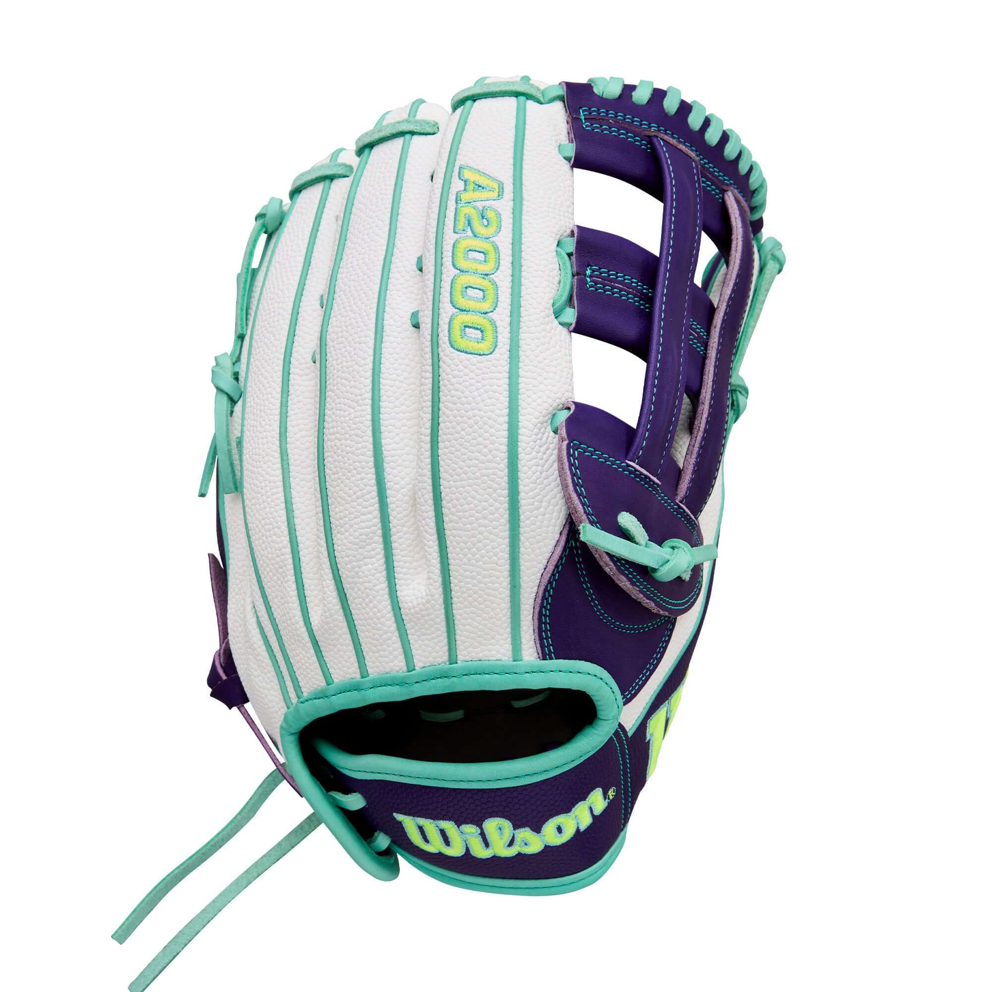 Wilson 2025 A2000 FP50SS 12.25” Fastpitch Outfield Glove LHT back view showing White SuperSkin and adjustable wrist.