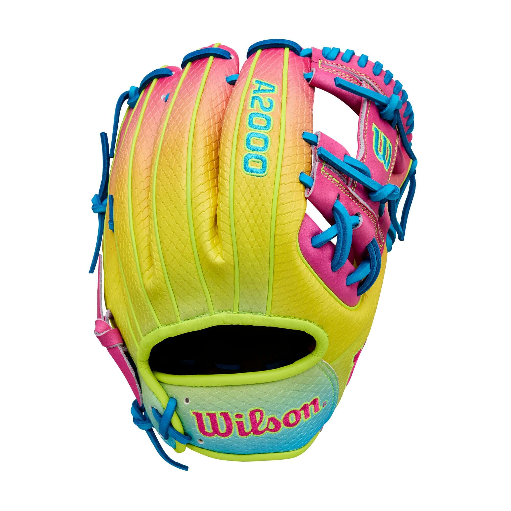 Wilson 2025 A2000 1786SS 11.5” Infield Glove back view showing pink-to-yellow-to-blue gradient design.
