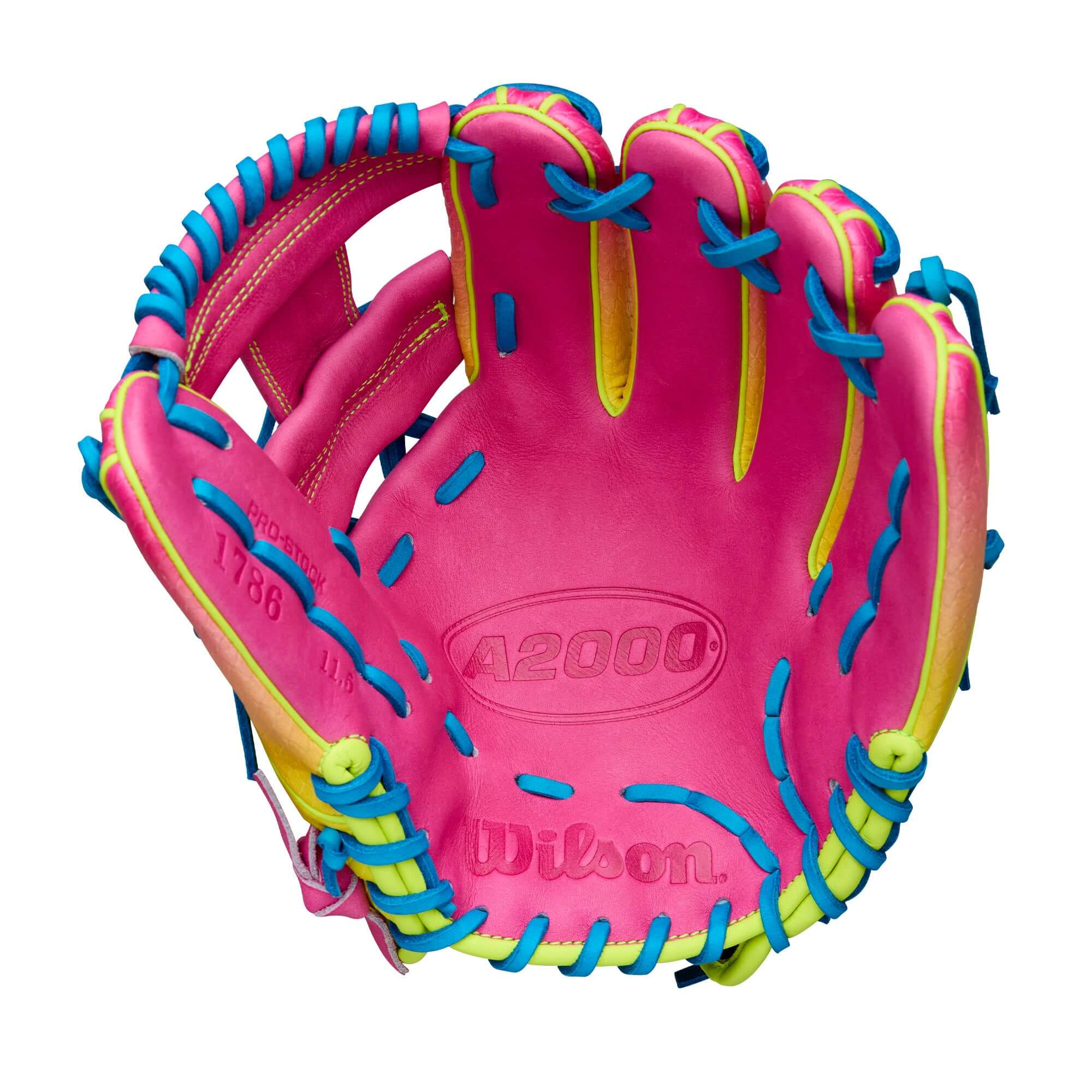 Wilson 2025 A2000 1786SS 11.5” Infield Glove palm view with premium Pink Pro Stock leather.