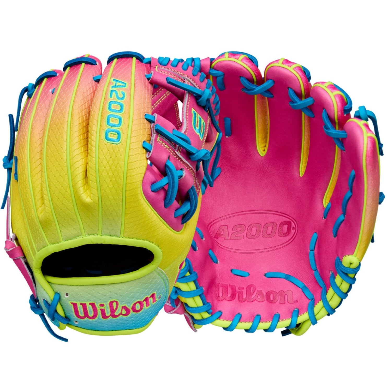 Wilson 2025 A2000 1786SS 11.5” Infield Glove front and back view with Pink Lemonade Gradient SuperSnakeSkin.