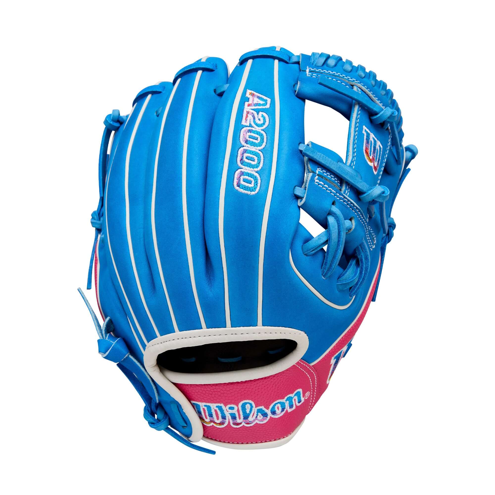Wilson 2025 A2000 DP15 blue and pink infield baseball glove, 11.5", Autism Speaks design with Pedroia Fit.