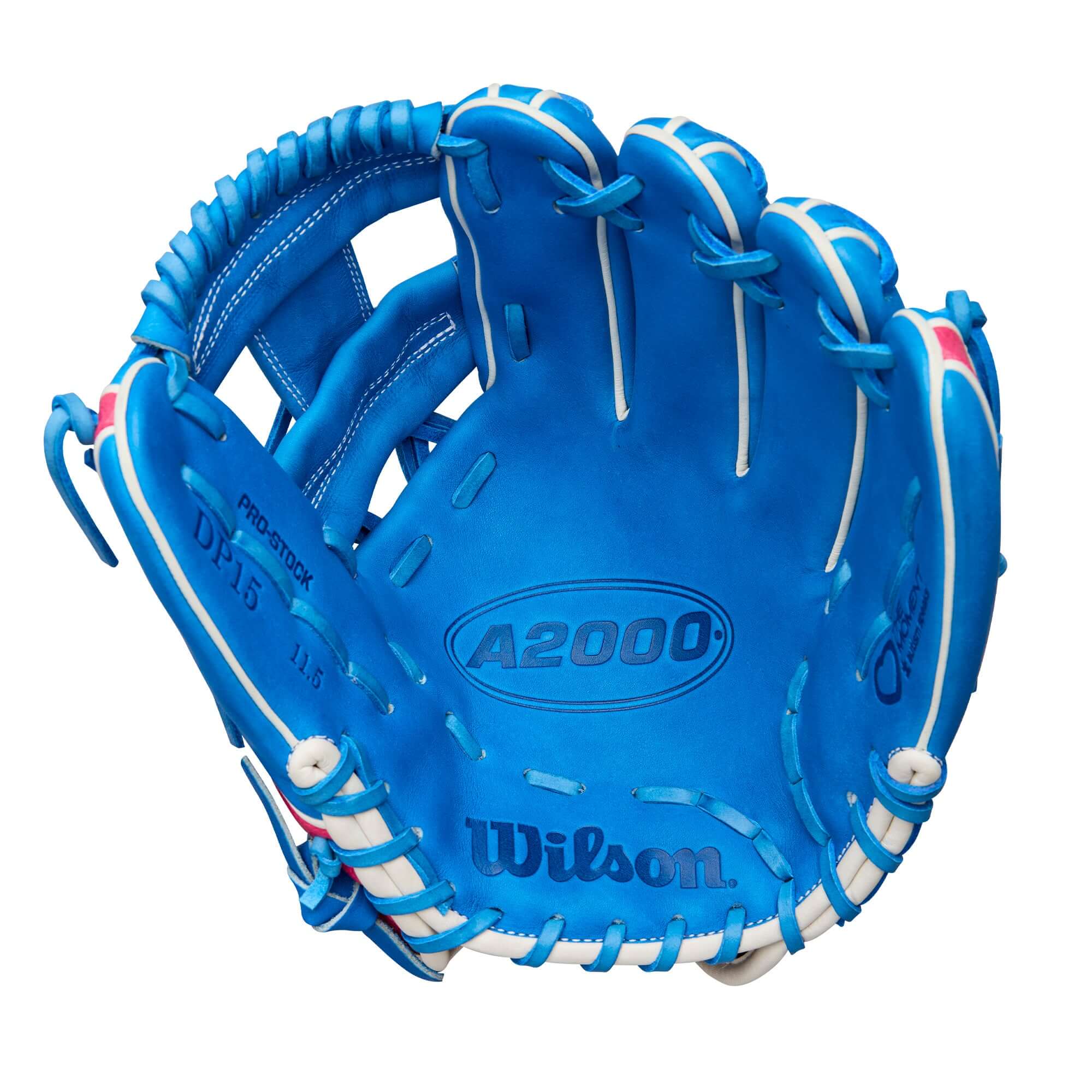 Wilson 2025 A2000 DP15 infield baseball glove in blue, designed for young players with Autism Speaks partnership.