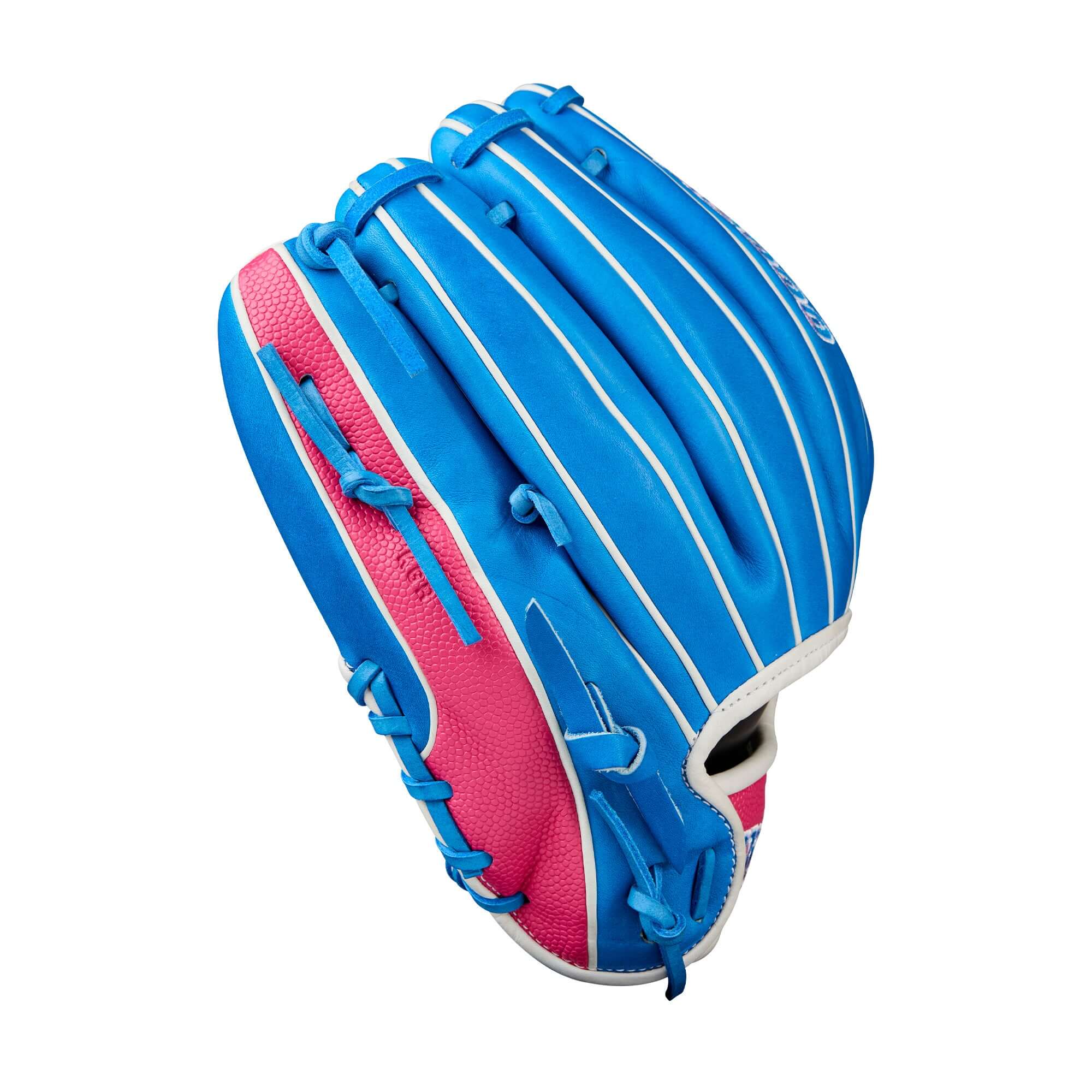 Wilson 2025 Love the Moment A2000 DP15 blue and pink infield baseball glove, designed for young players.