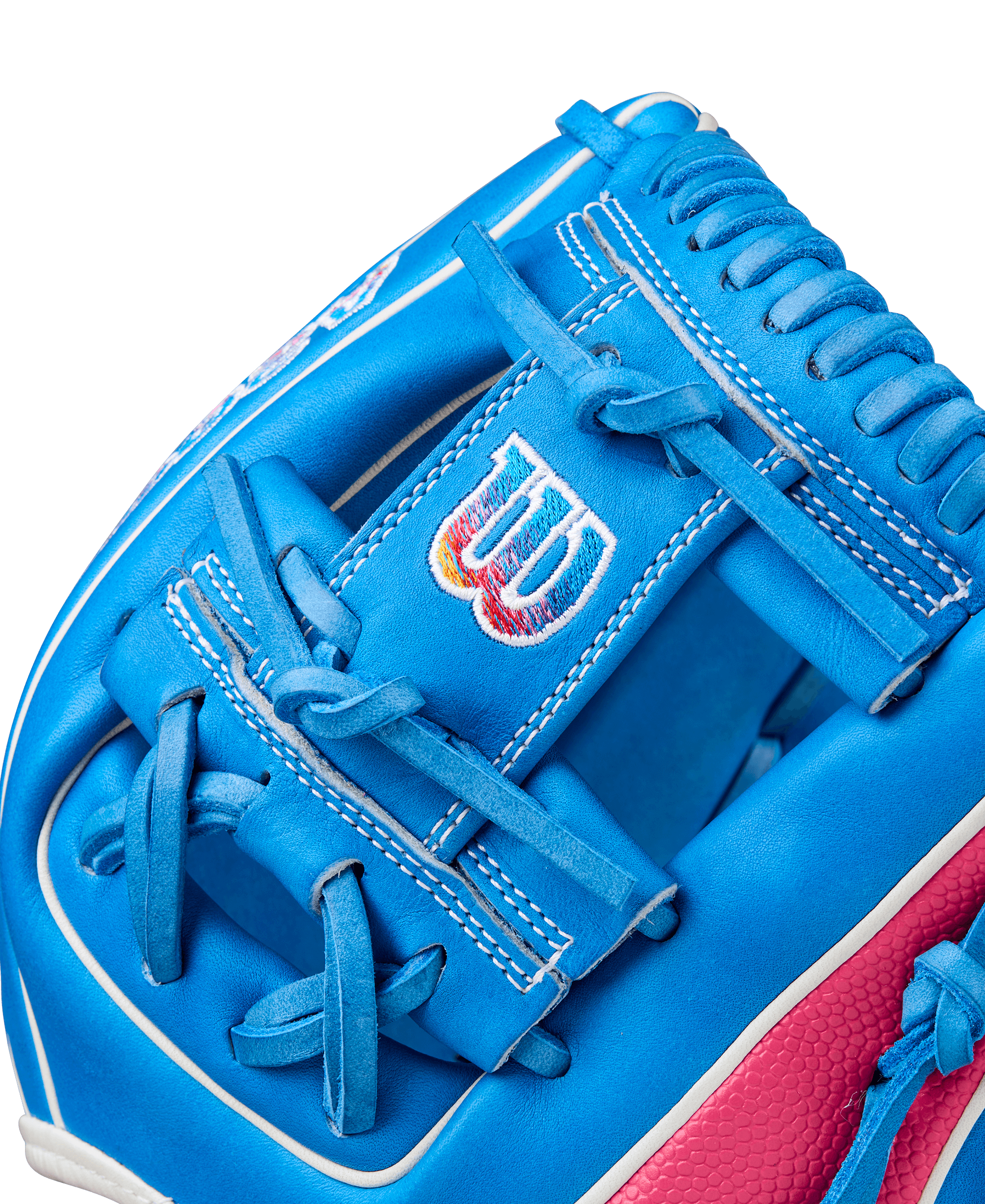 Close-up of Wilson 2025 Love the Moment A2000 DP15 baseball glove showing blue leather and H-Web design.