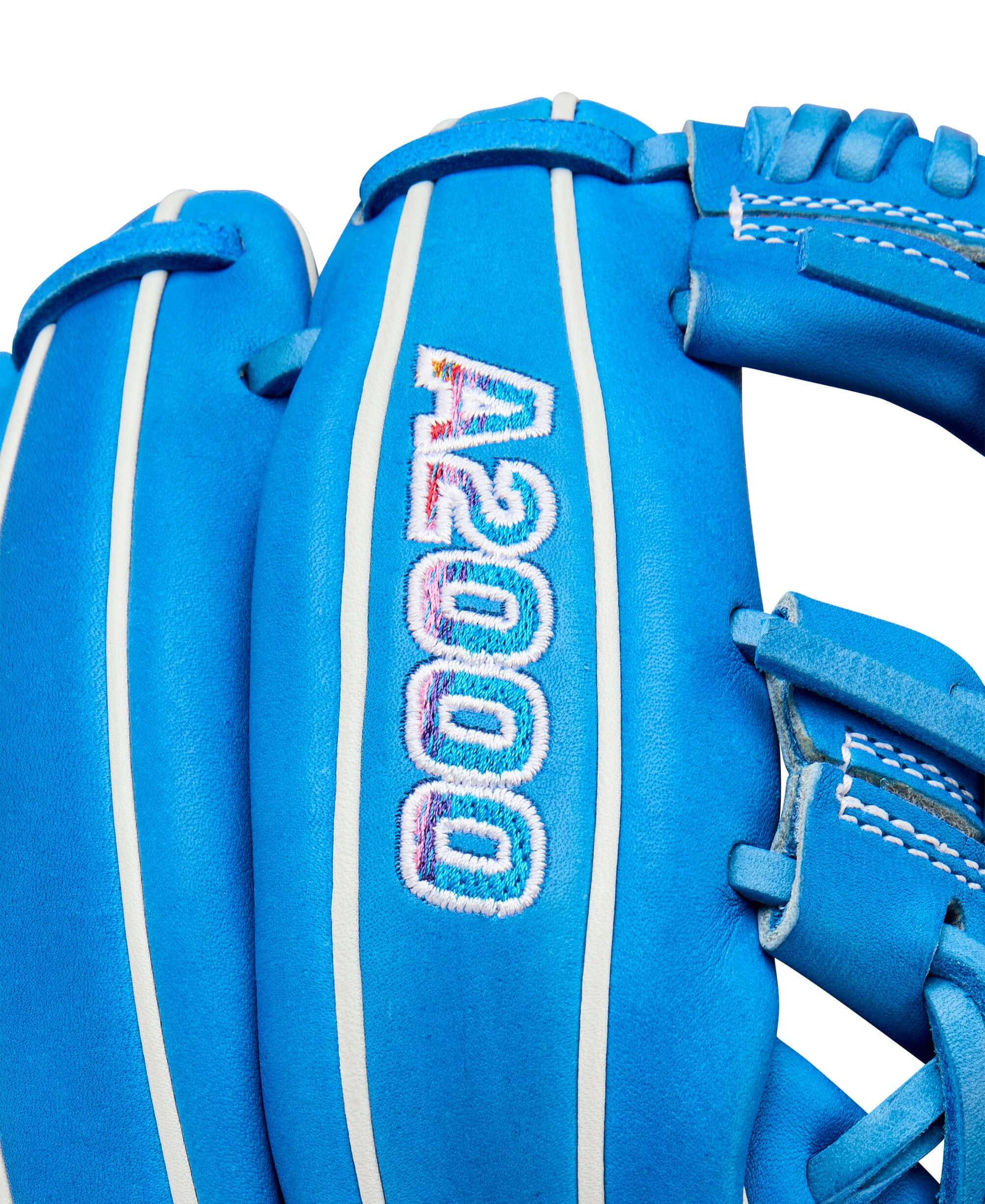 Close-up of the blue Wilson A2000 infield glove, showcasing the embroidered logo and durable leather construction.