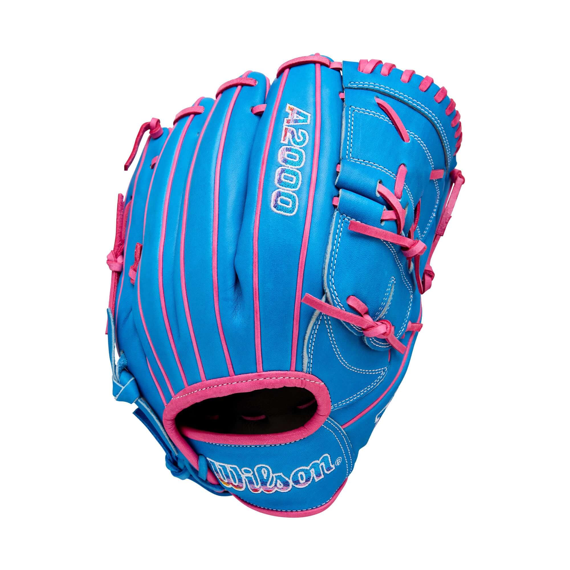 Wilson A2000 B2 pitcher's baseball glove in blue with pink accents, designed for focus and performance on the mound.
