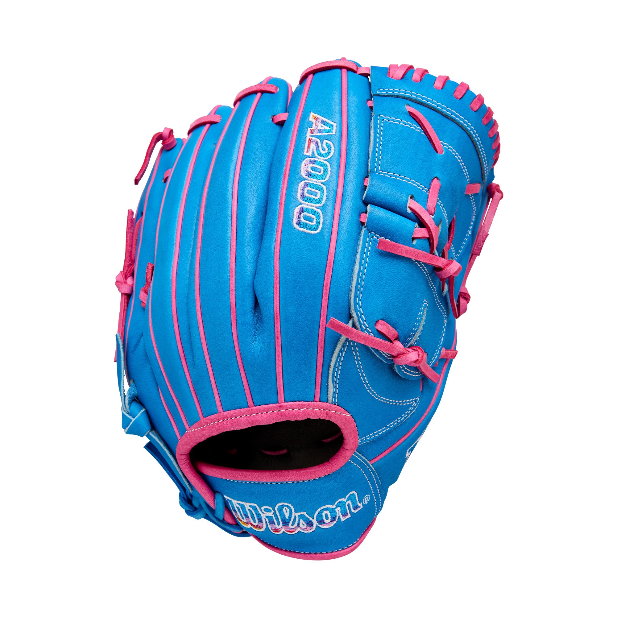 Wilson 2025 A2000 B2 Pitcher's Baseball Glove 12" in blue and pink, ideal for baseball enthusiasts.