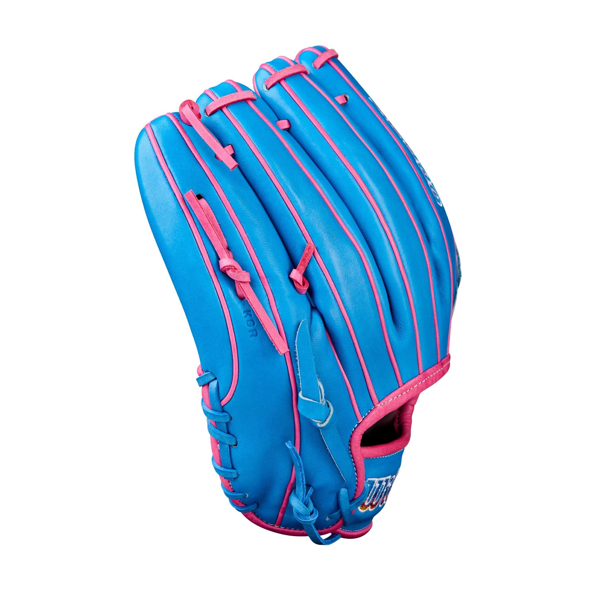Wilson A2000 B2 12" pitcher's baseball glove in vibrant blue and pink colors.