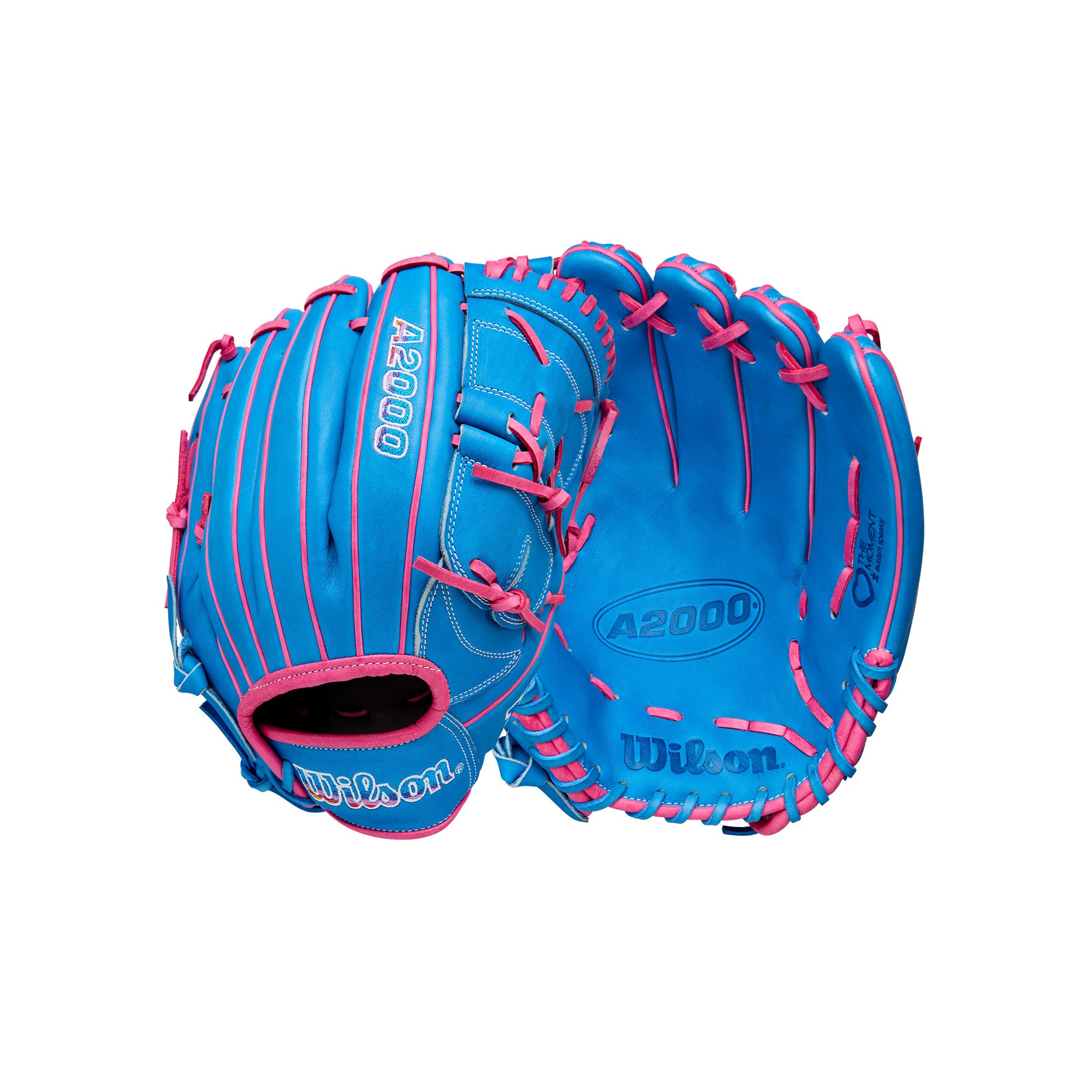 Wilson A2000 B2 Pitcher's Baseball Glove in blue with pink accents, 12-inch, perfect for players who love the game.