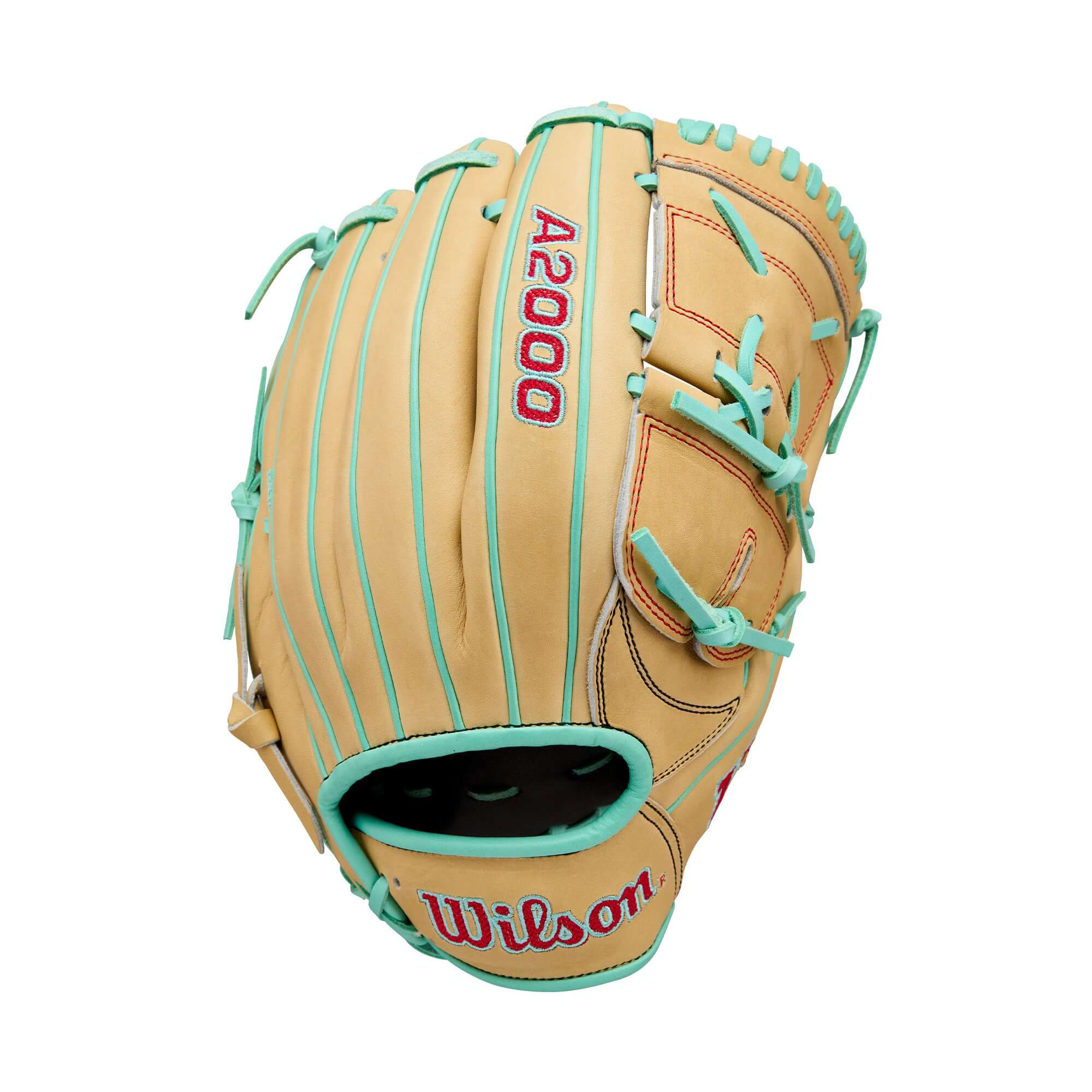 Wilson 2025 A2000 B12 12” Pitcher’s Glove back view showing Blonde Pro Stock leather and bold logos.