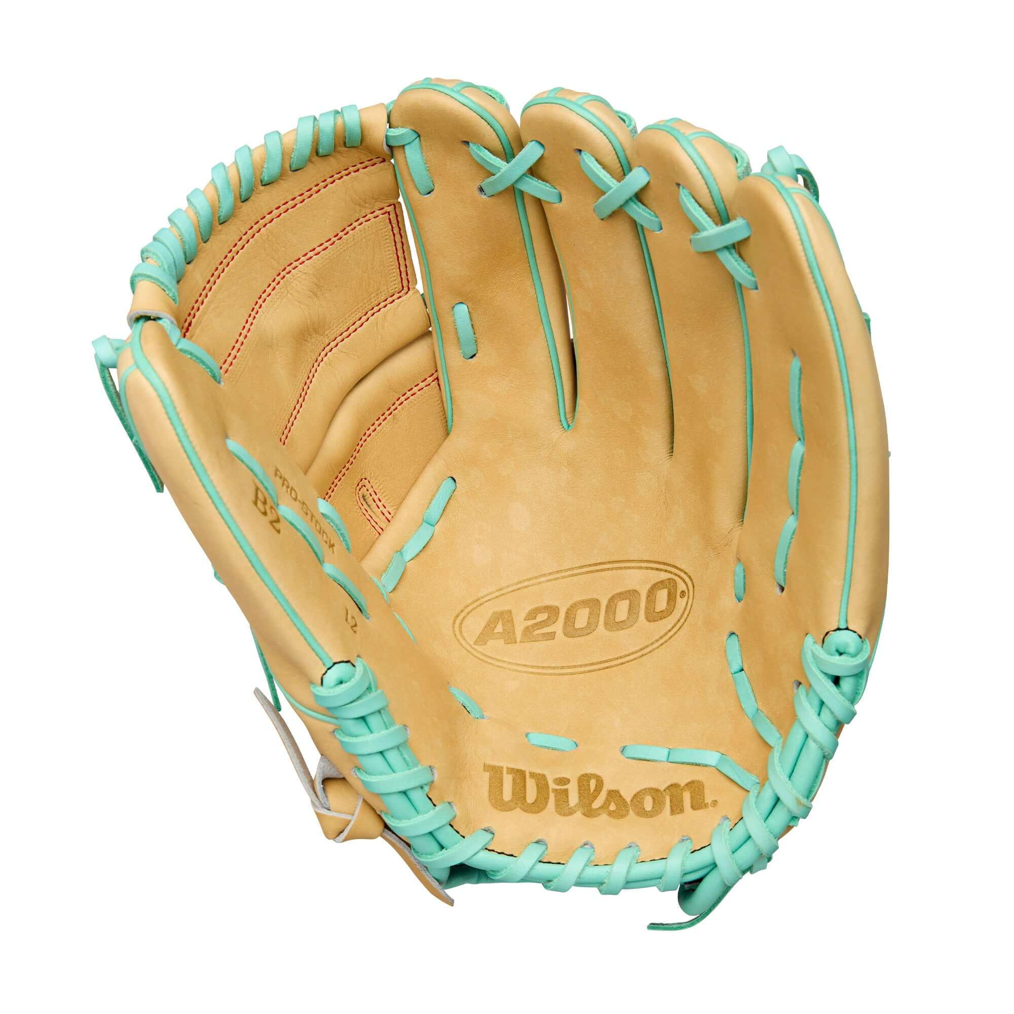 Wilson 2025 A2000 B12 12” Pitcher’s Glove LHT palm view with Blonde Pro Stock leather.