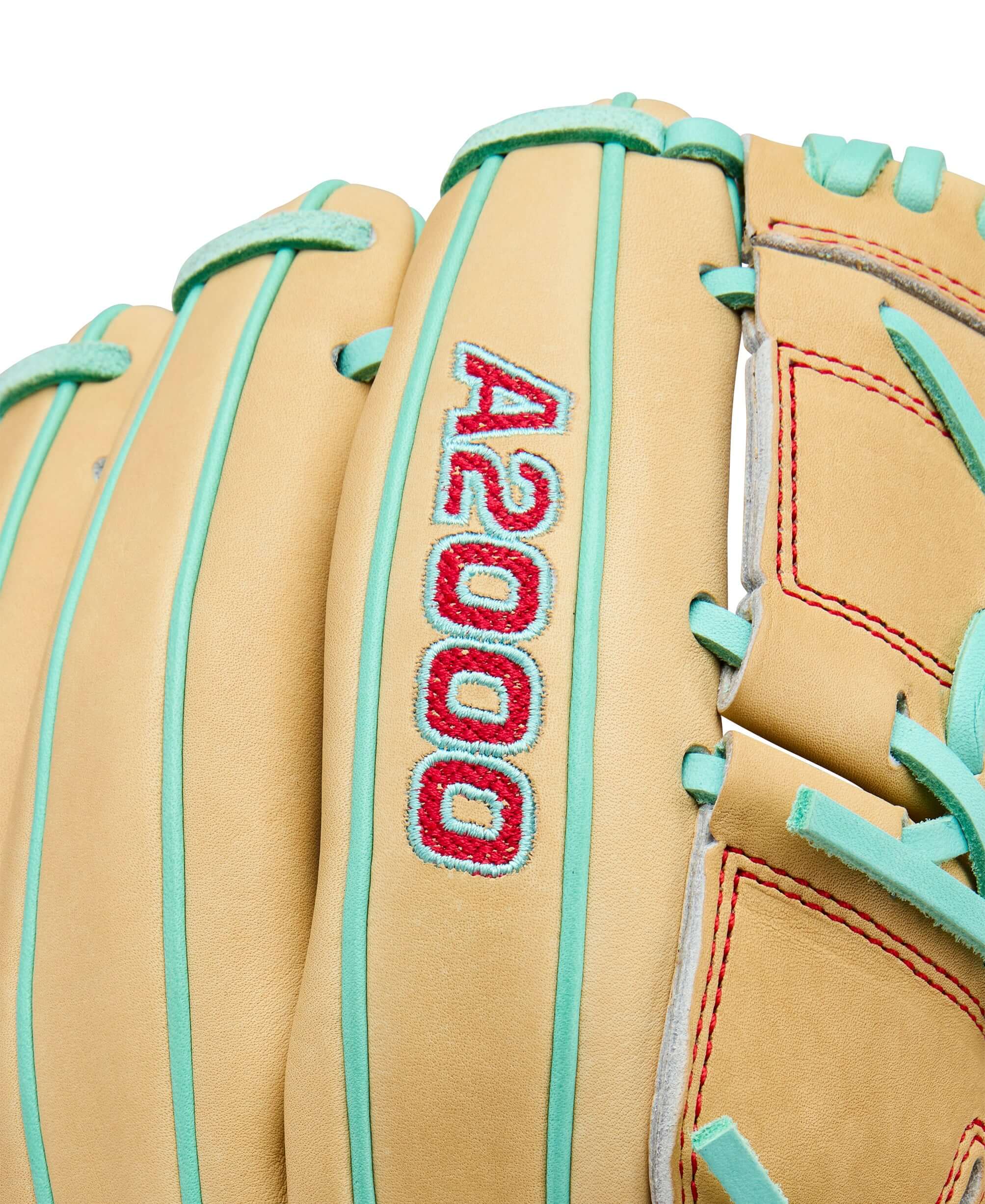 Wilson 2025 A2000 B12 12” Pitcher’s Glove LHT close-up A2000 logo with Seafoam accents.
