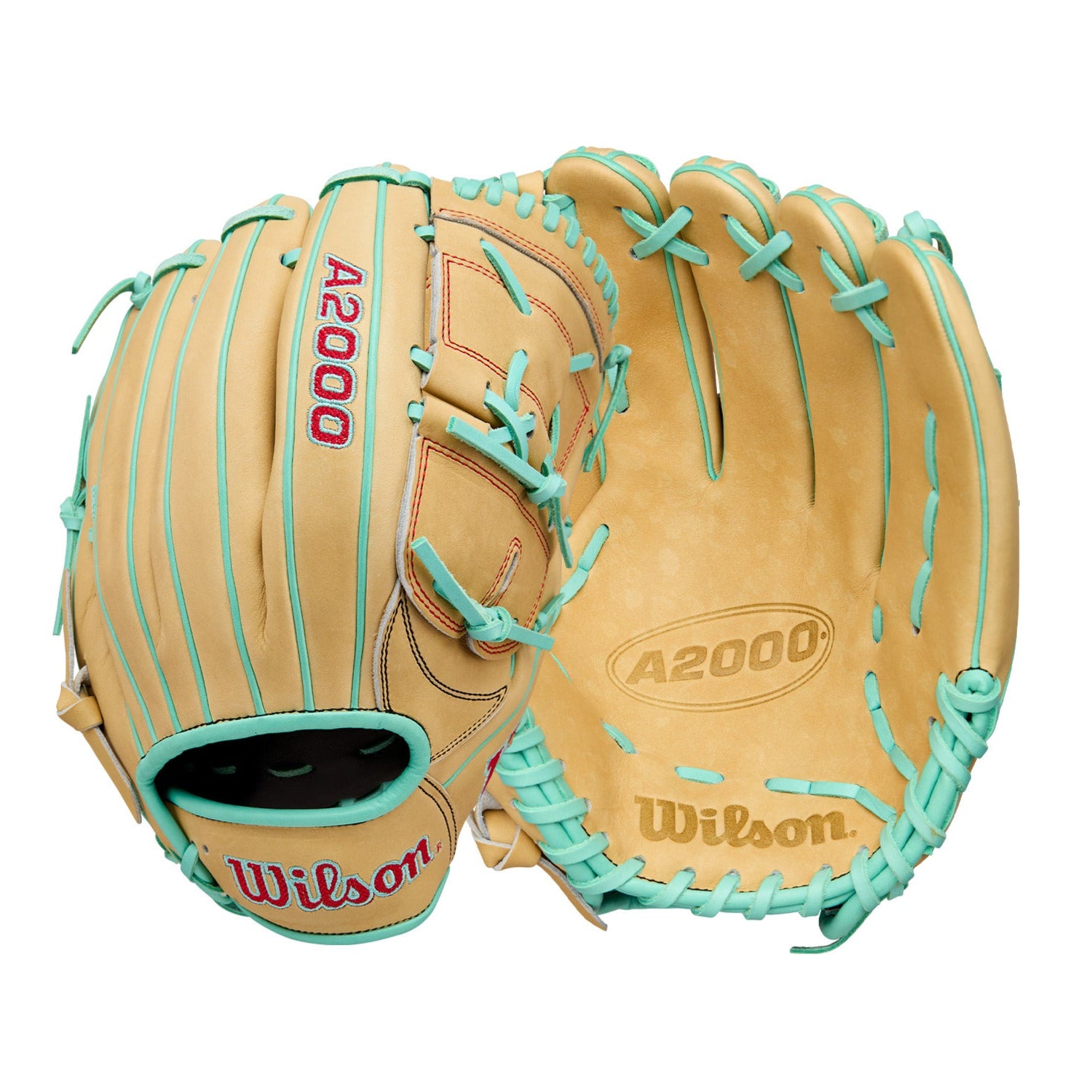 Wilson 2025 A2000 B12 12” Pitcher’s Glove LHT front and back view with Blonde leather and Seafoam accents.