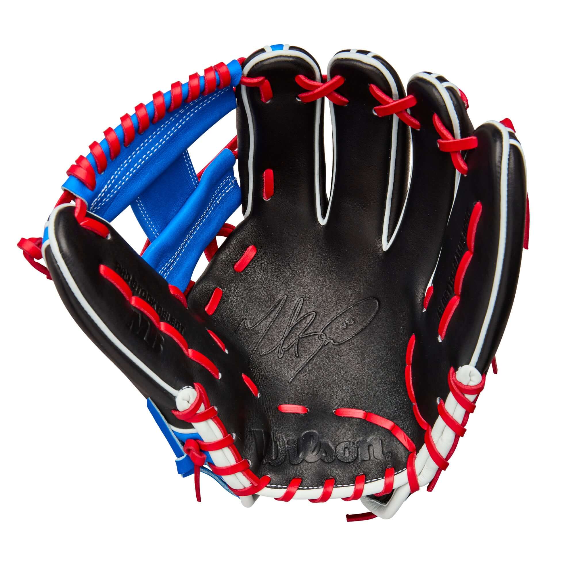 Wilson Fall 2025 A2K Mookie Betts GM 11.75" glove palm view with Mookie Betts signature stamped design.