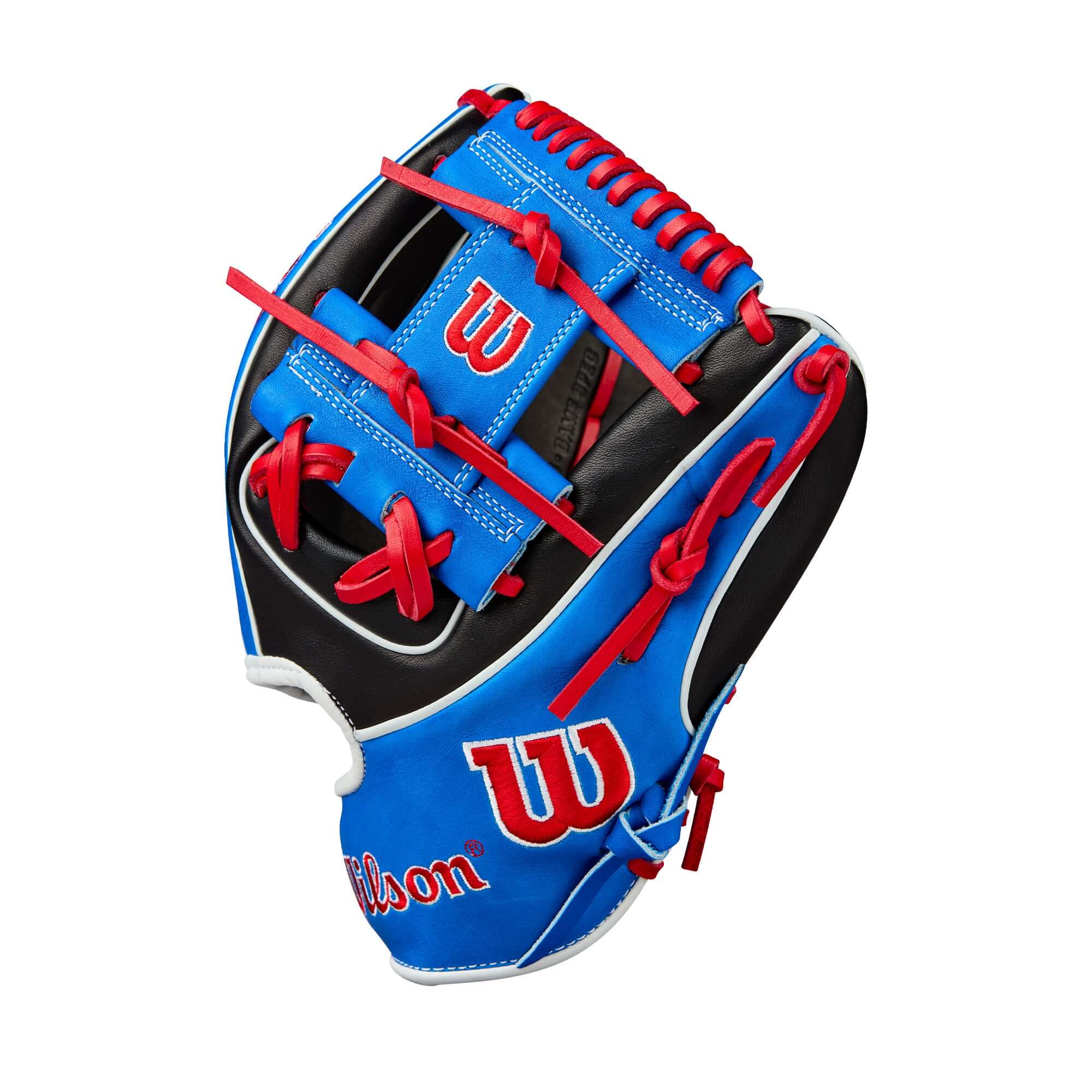 Wilson Fall 2025 A2K Mookie Betts GM 11.75" glove thumb detail showing Black Pro Stock Select leather.