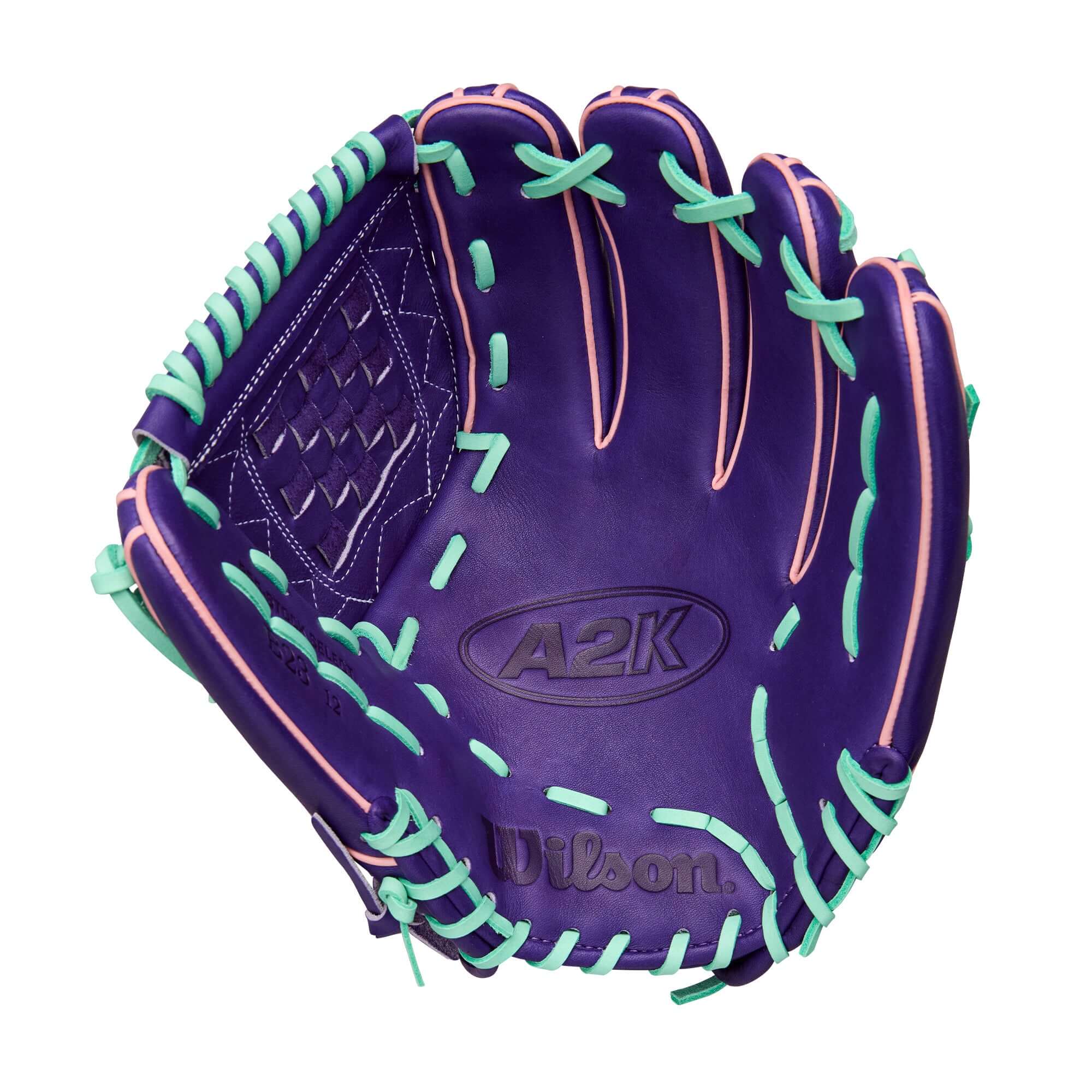 Wilson 2025 A2K C12 12” Pitcher’s Glove palm view with Purple Pro Stock Select leather.