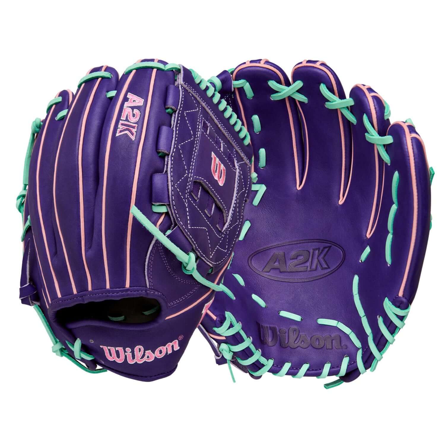 Wilson 2025 A2K C12 12” Pitcher’s Glove front and back view in Purple leather with Seafoam and Pink accents.