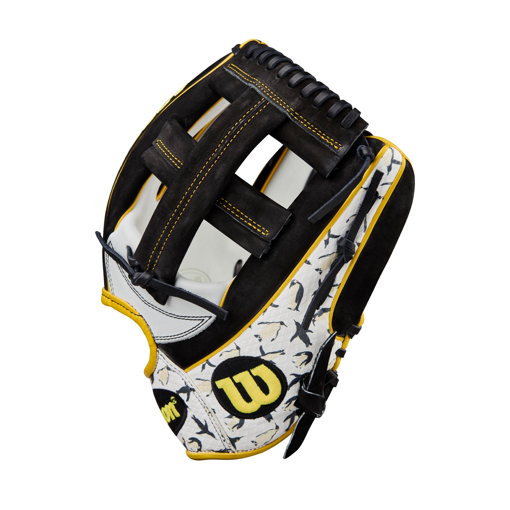 Thumb section of Wilson 2025 Penguin A2000 EL3 11.75” Infield Baseball Glove with penguin print detailing.